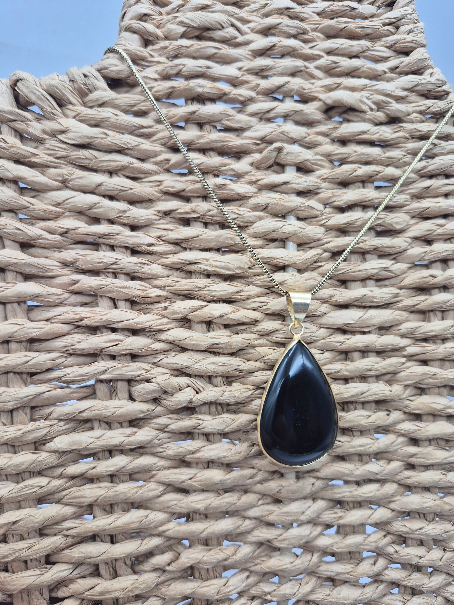 Black Obsidian Brass Pendant Cabochon Cut Tear Shaped Healing Crystal