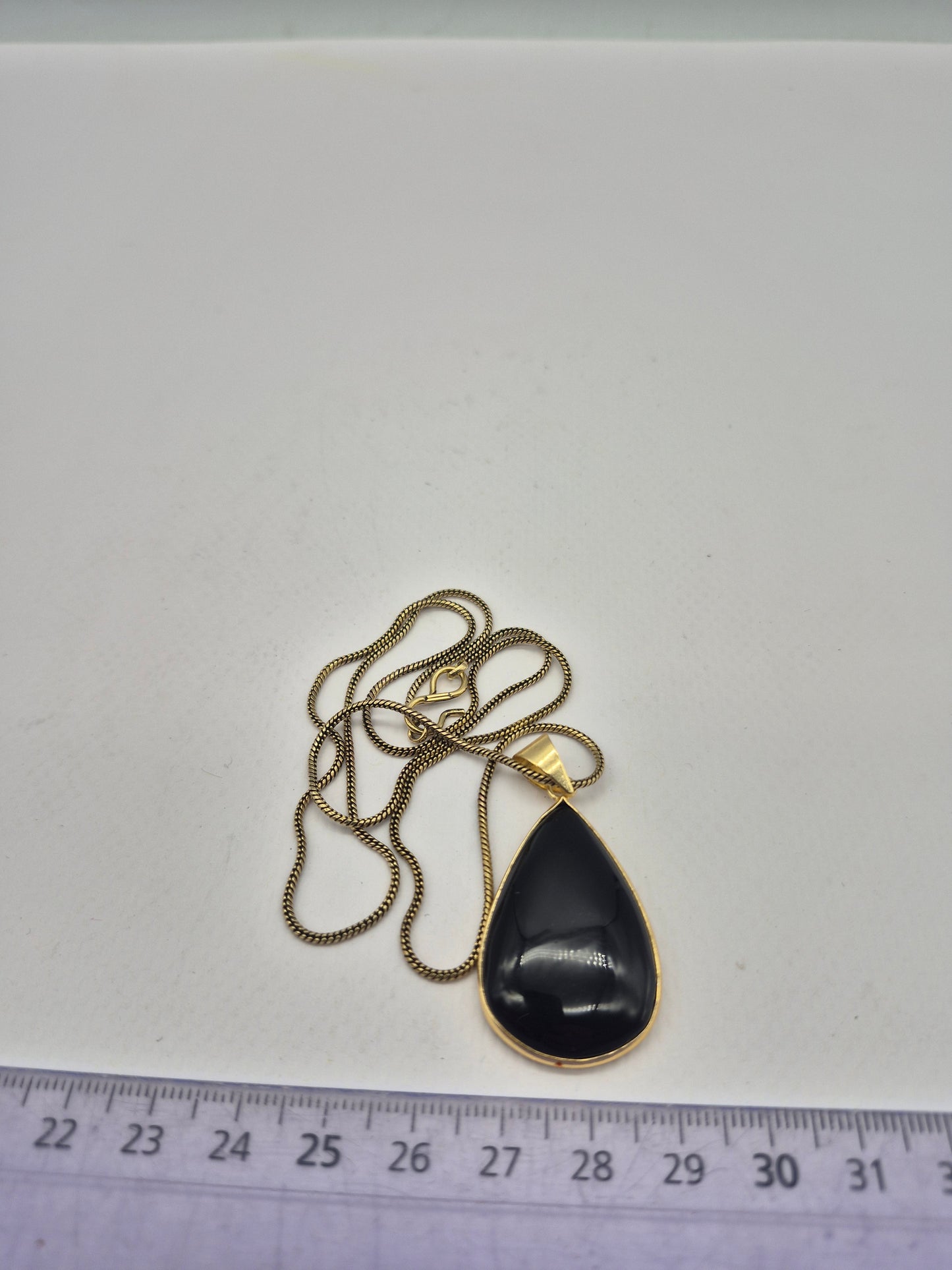 Black Obsidian Brass Pendant Cabochon Cut Tear Shaped Healing Crystal