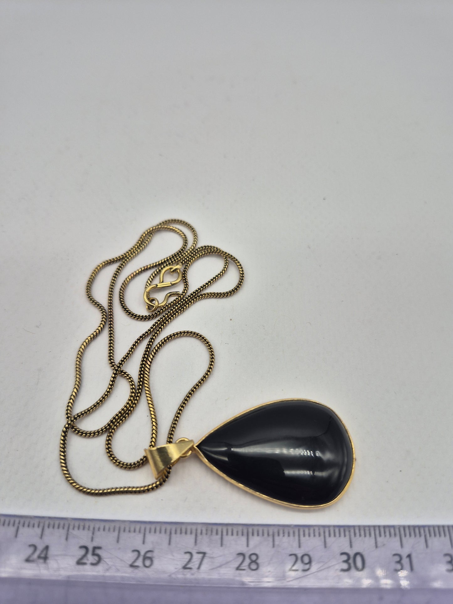 Black Obsidian Brass Pendant Cabochon Cut Tear Shaped Healing Crystal