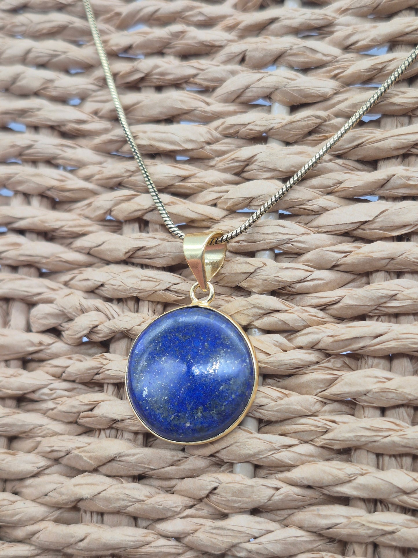Lapis Lazuli  Brass Pendant Cabochon Cut Round Shape Healing Crystal