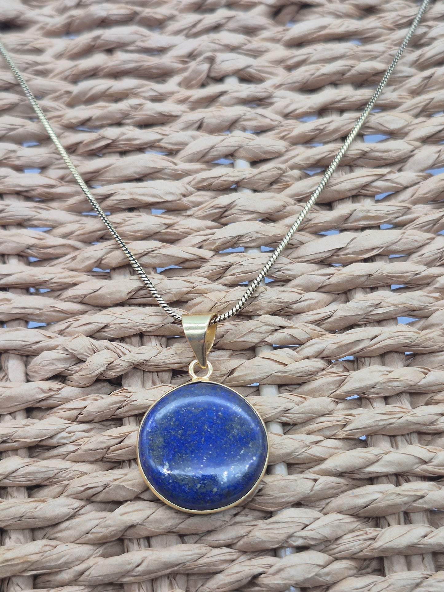 Lapis Lazuli  Brass Pendant Cabochon Cut Round Shape Healing Crystal