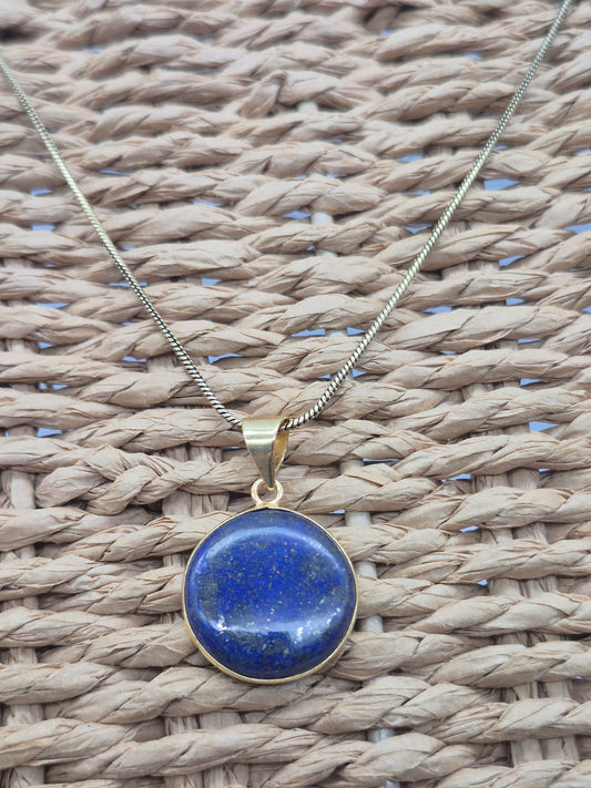 Lapis Lazuli  Brass Pendant Cabochon Cut Round Shape Healing Crystal