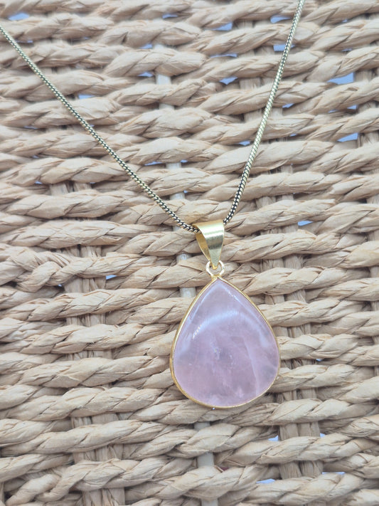 Rose Quartz Cabochon Cut Brass Necklace