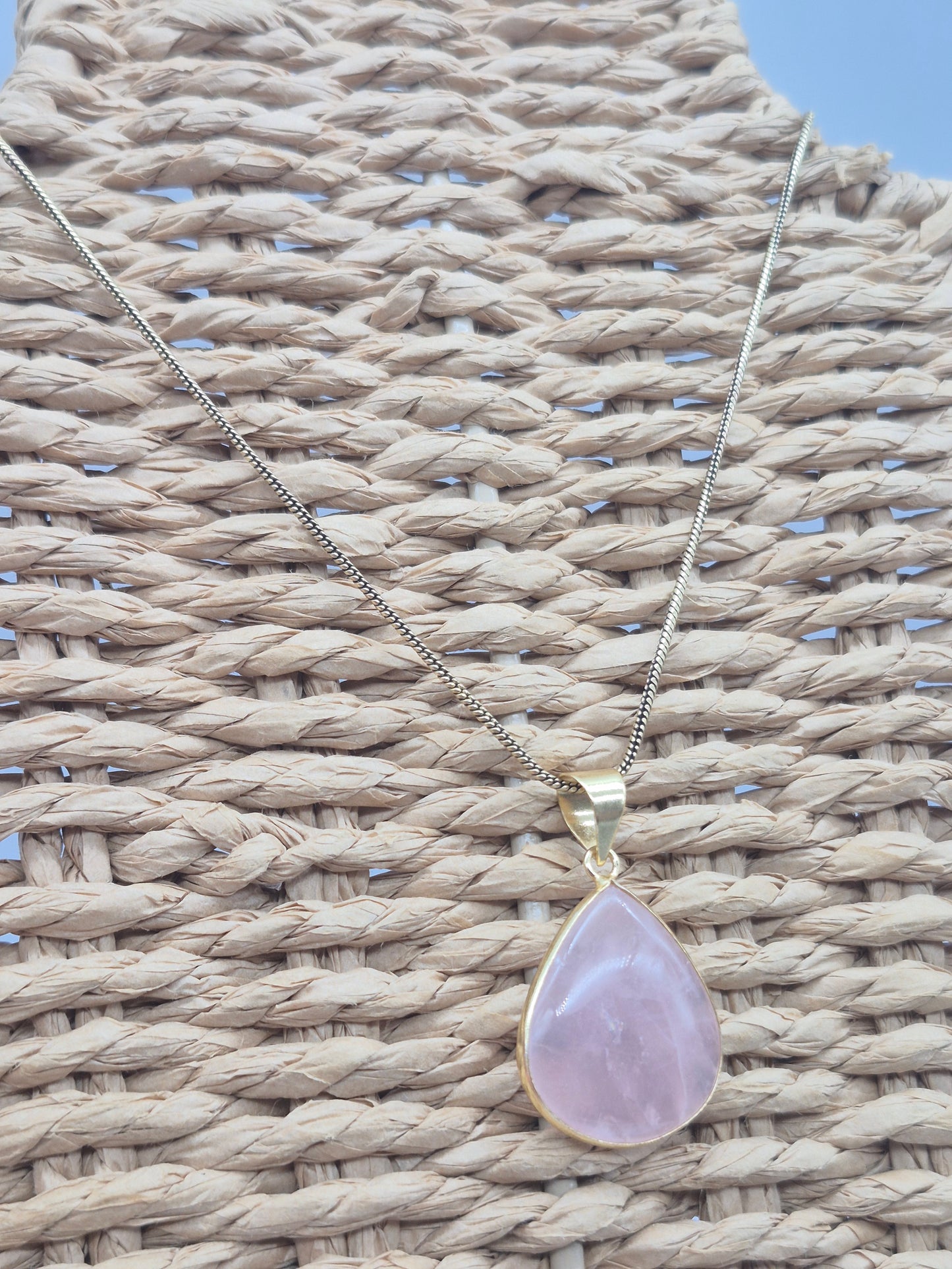 Rose Quartz Cabochon Cut Brass Necklace