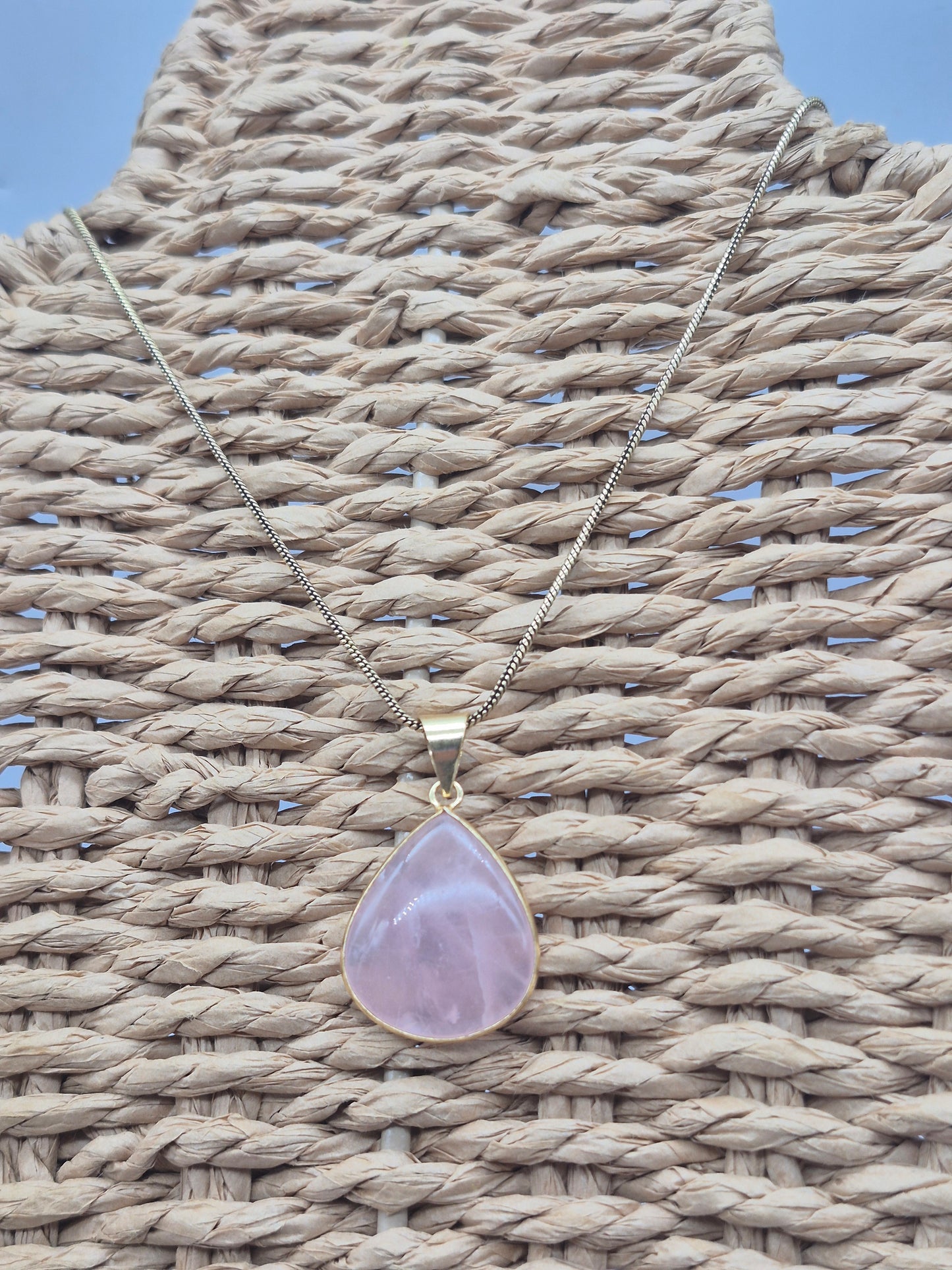 Rose Quartz Cabochon Cut Brass Necklace