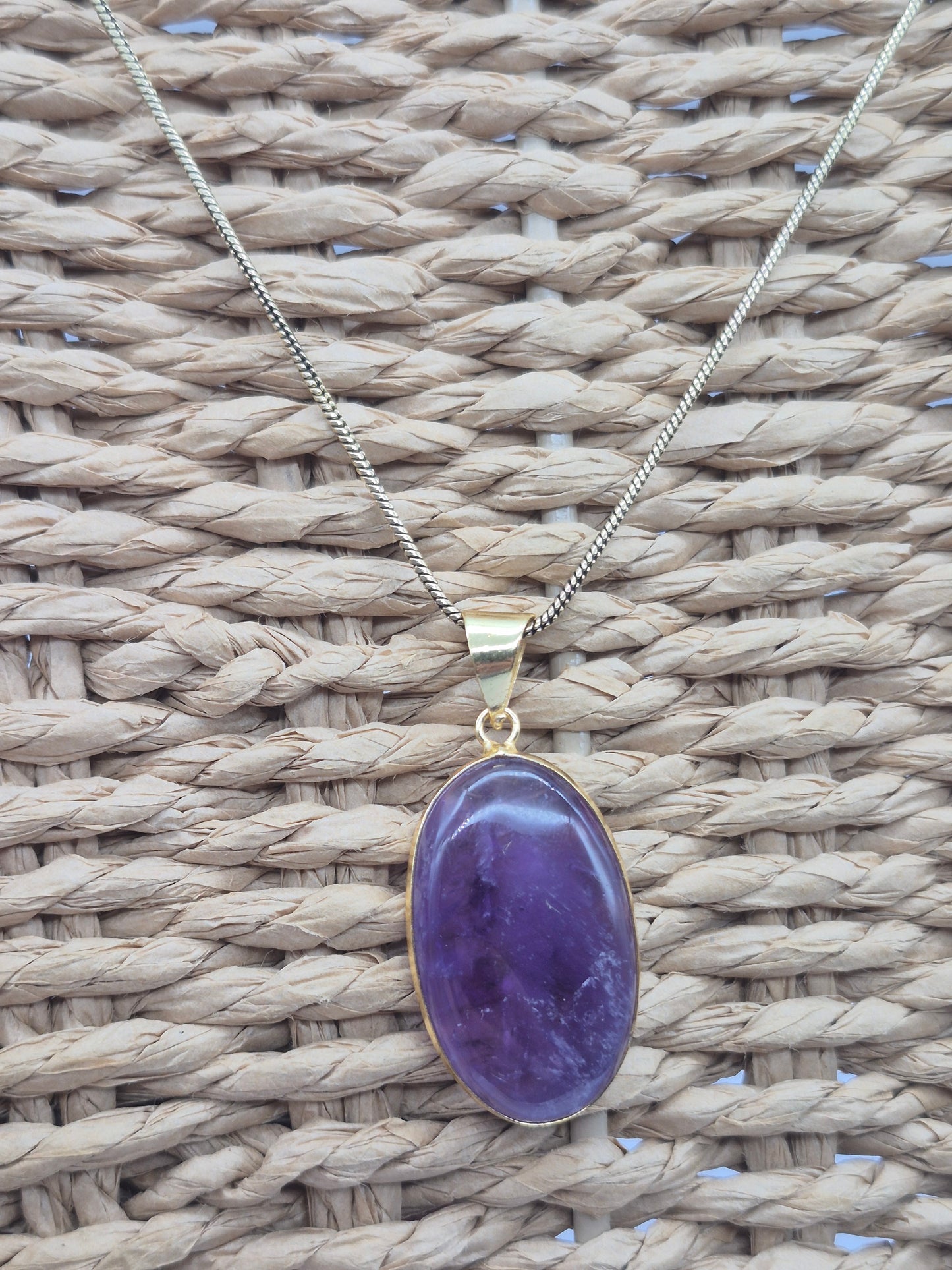 Amethyst Brass Pendant Healing Crystal Oval Shaped