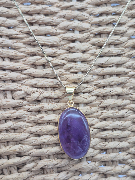 Amethyst Brass Pendant Healing Crystal Oval Shaped