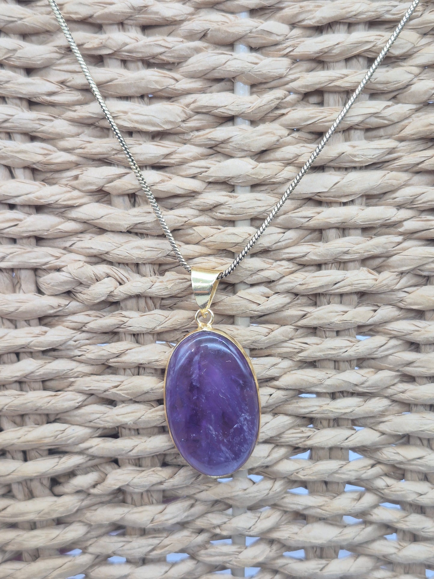 Amethyst Brass Pendant Healing Crystal Oval Shaped