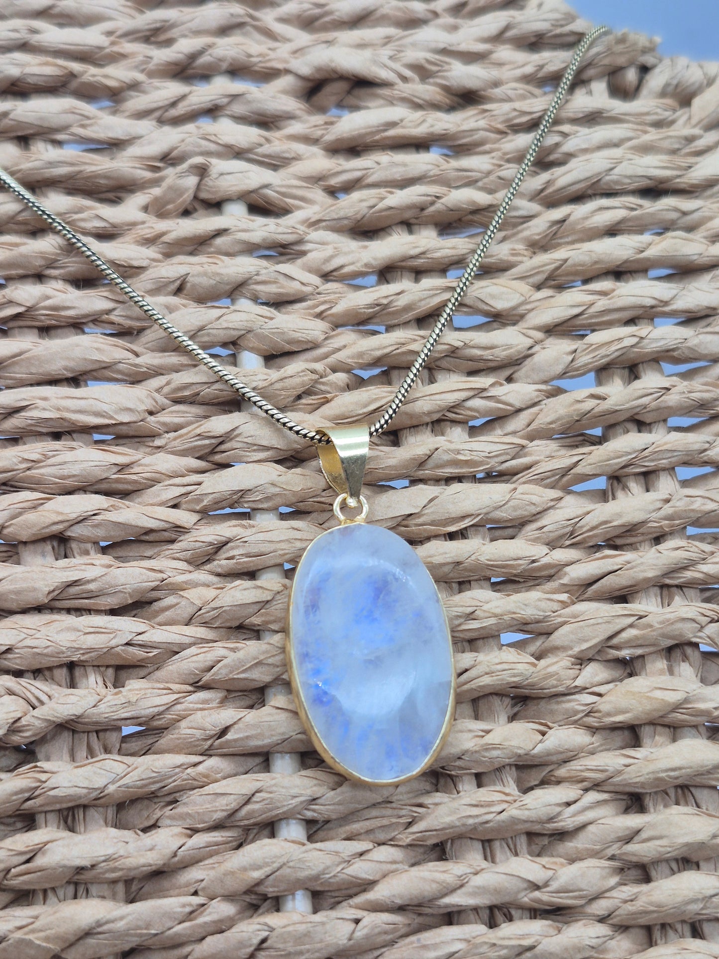 Moonstone Brass Pendant Cabochon Cut Healing Crystal