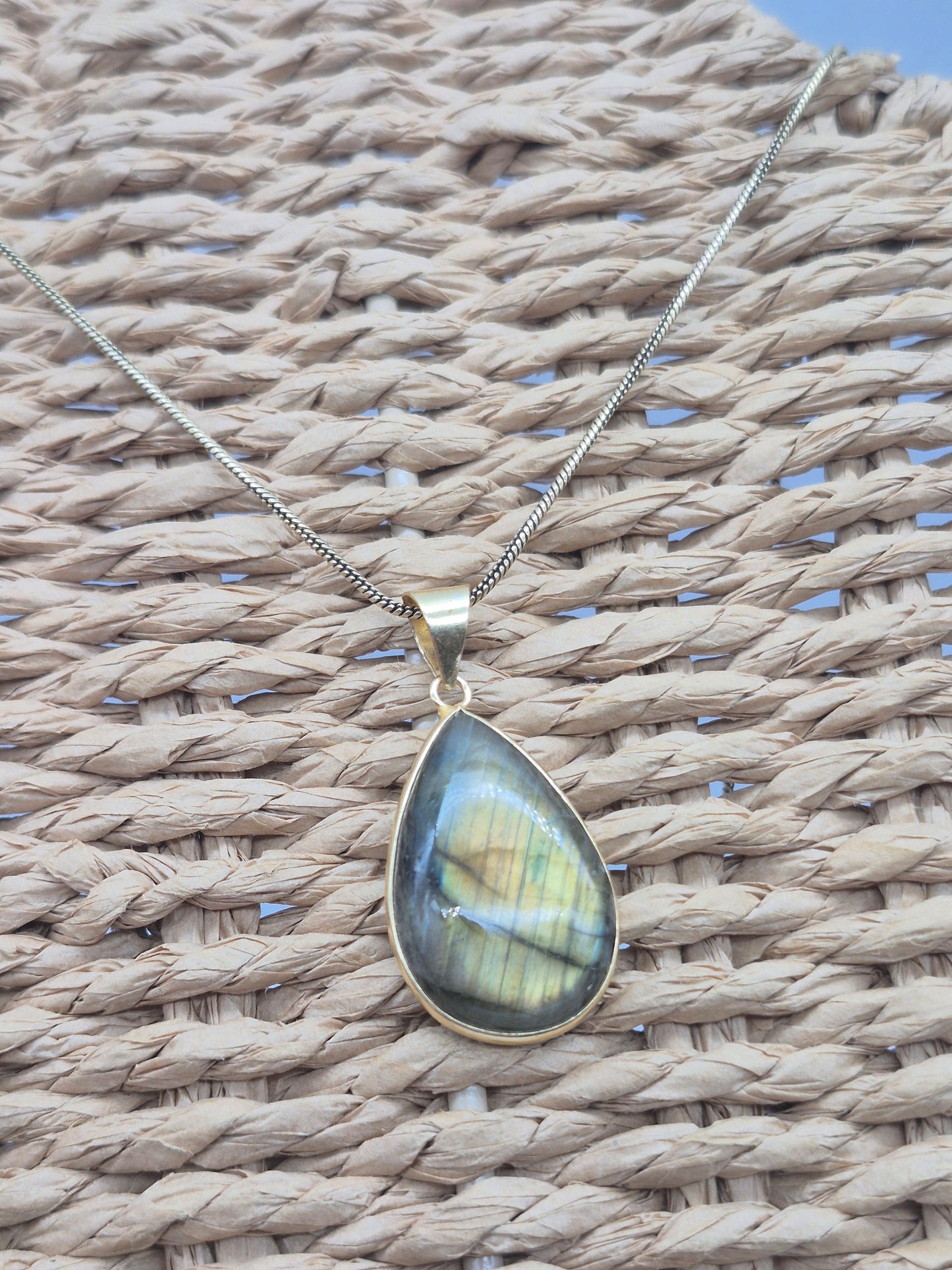 Labradorite Cabochon Brass Necklace - Brass Chain Tear Shaped