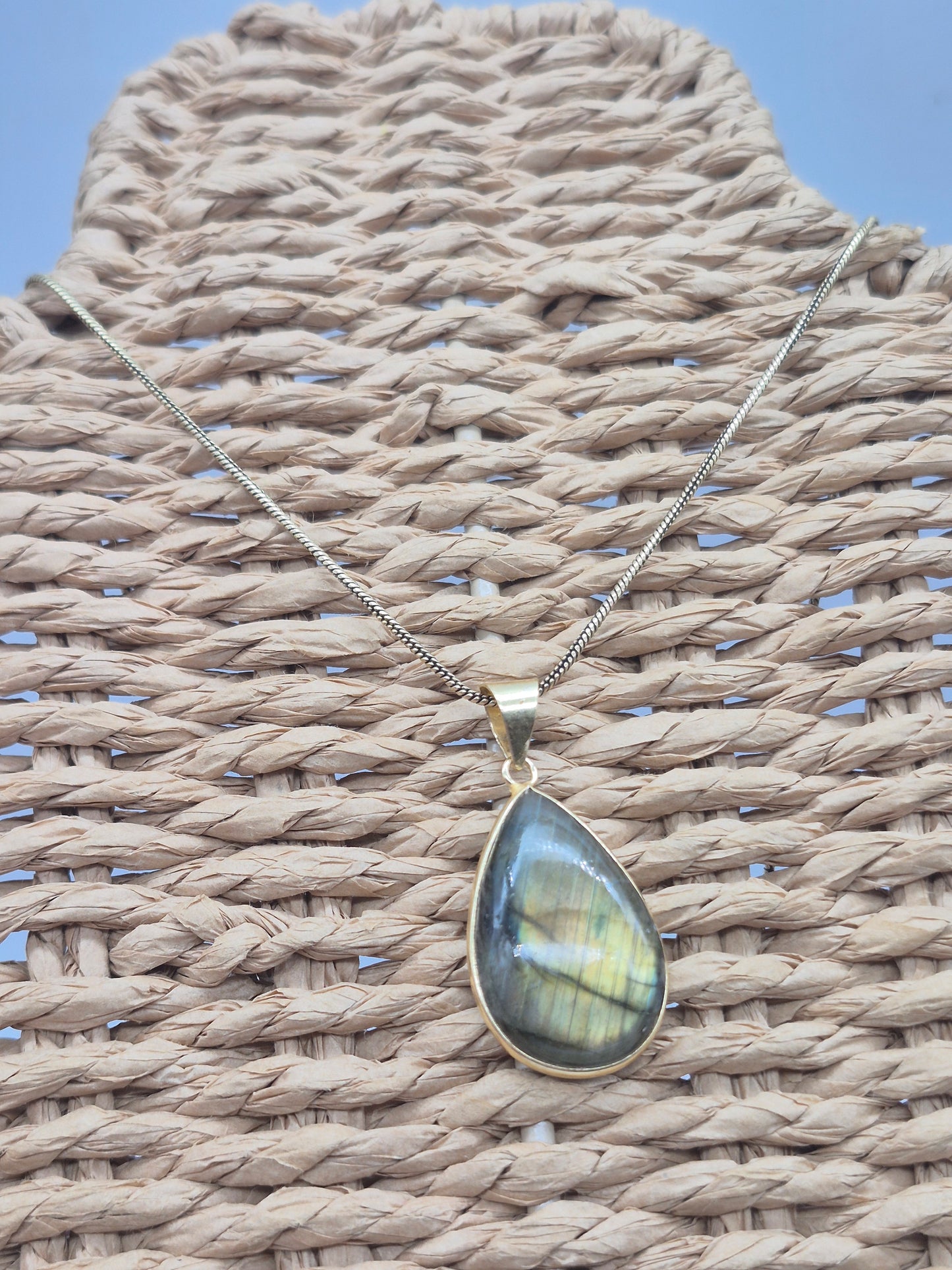 Labradorite Cabochon Brass Necklace - Brass Chain Tear Shaped