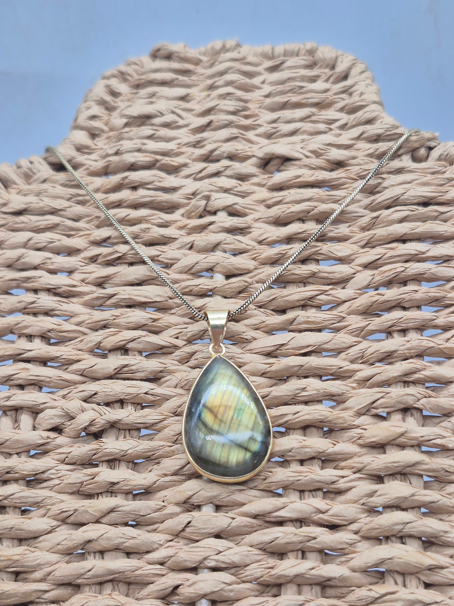 Labradorite Cabochon Brass Necklace - Brass Chain Tear Shaped