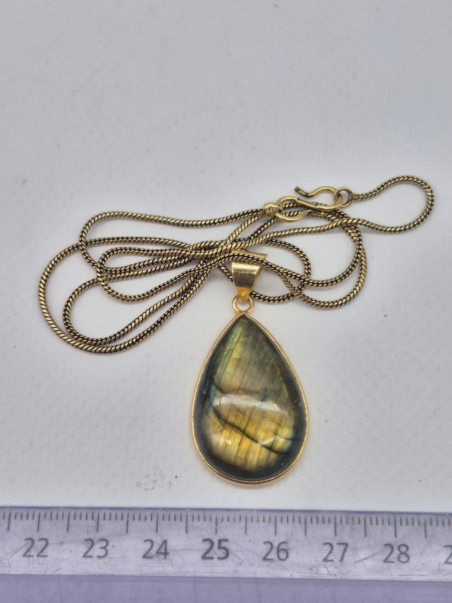 Labradorite Cabochon Brass Necklace - Brass Chain Tear Shaped