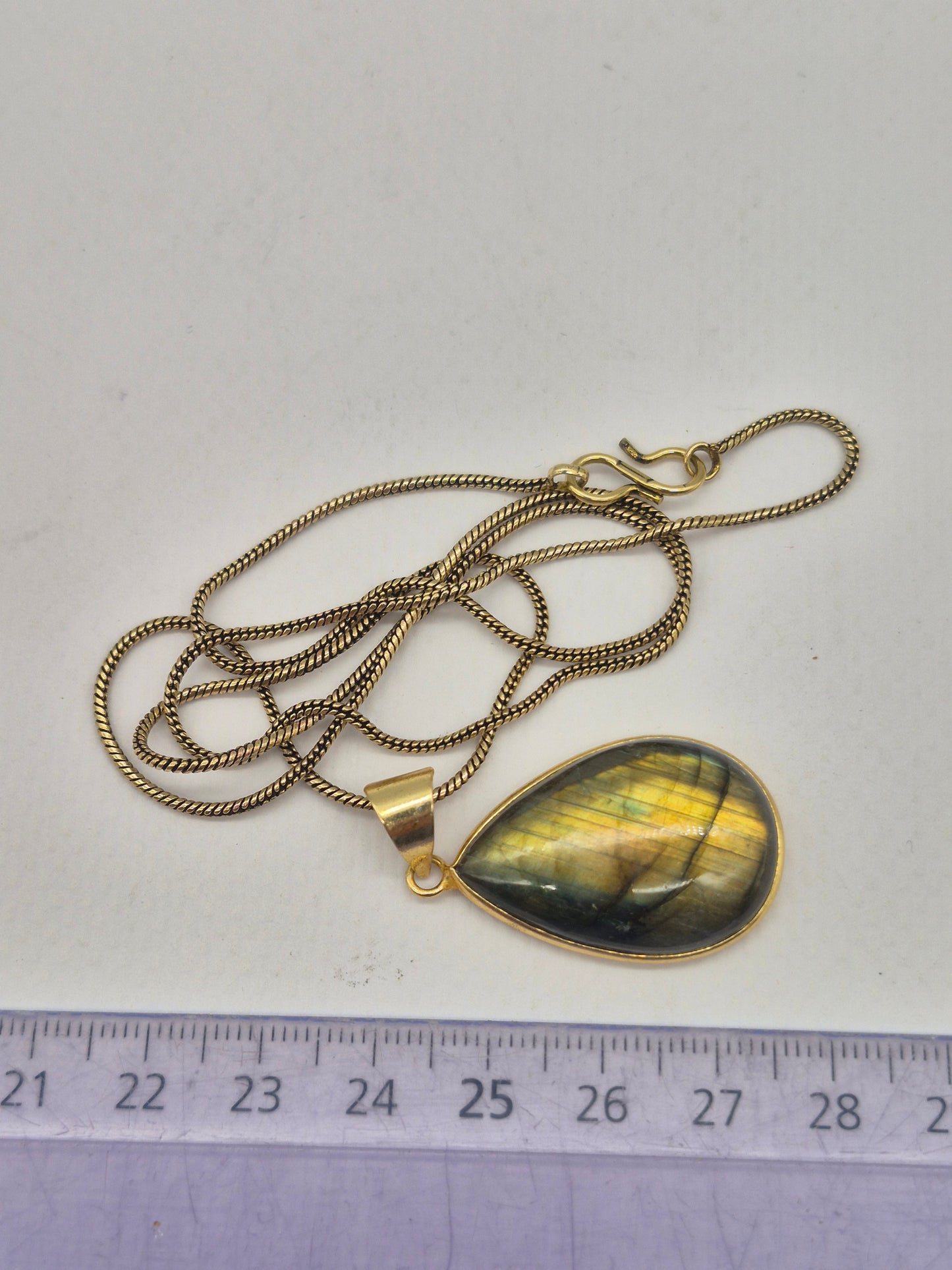 Labradorite Cabochon Brass Necklace - Brass Chain Tear Shaped