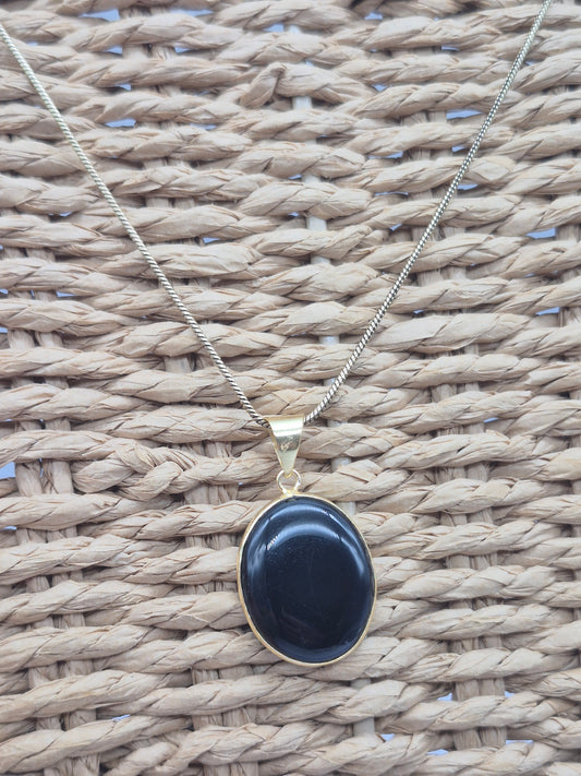 Black Obsidian Brass Pendant Cabochon Cut Oval Shaped Healing Crystal