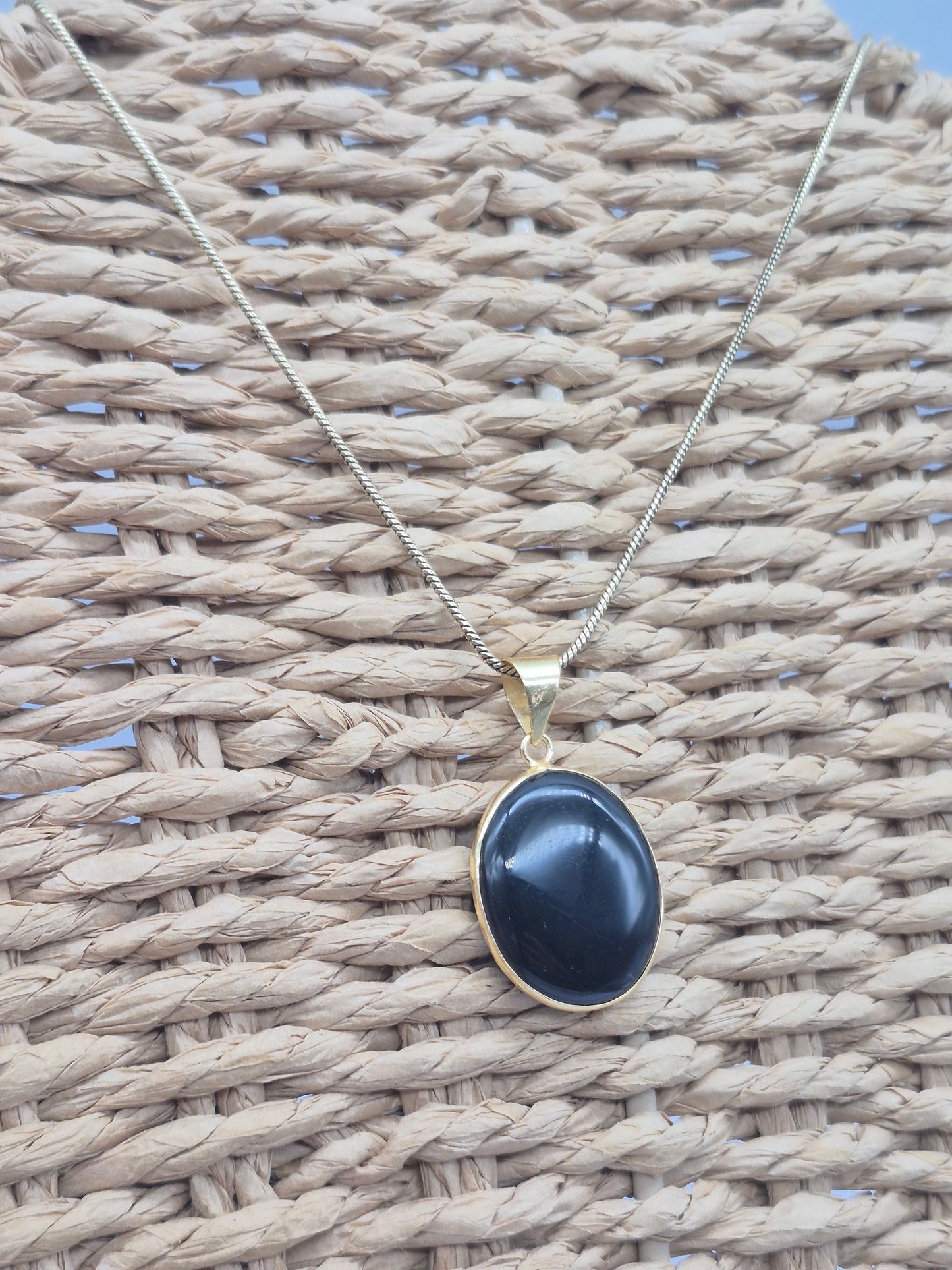 Black Obsidian Brass Pendant Cabochon Cut Oval Shaped Healing Crystal