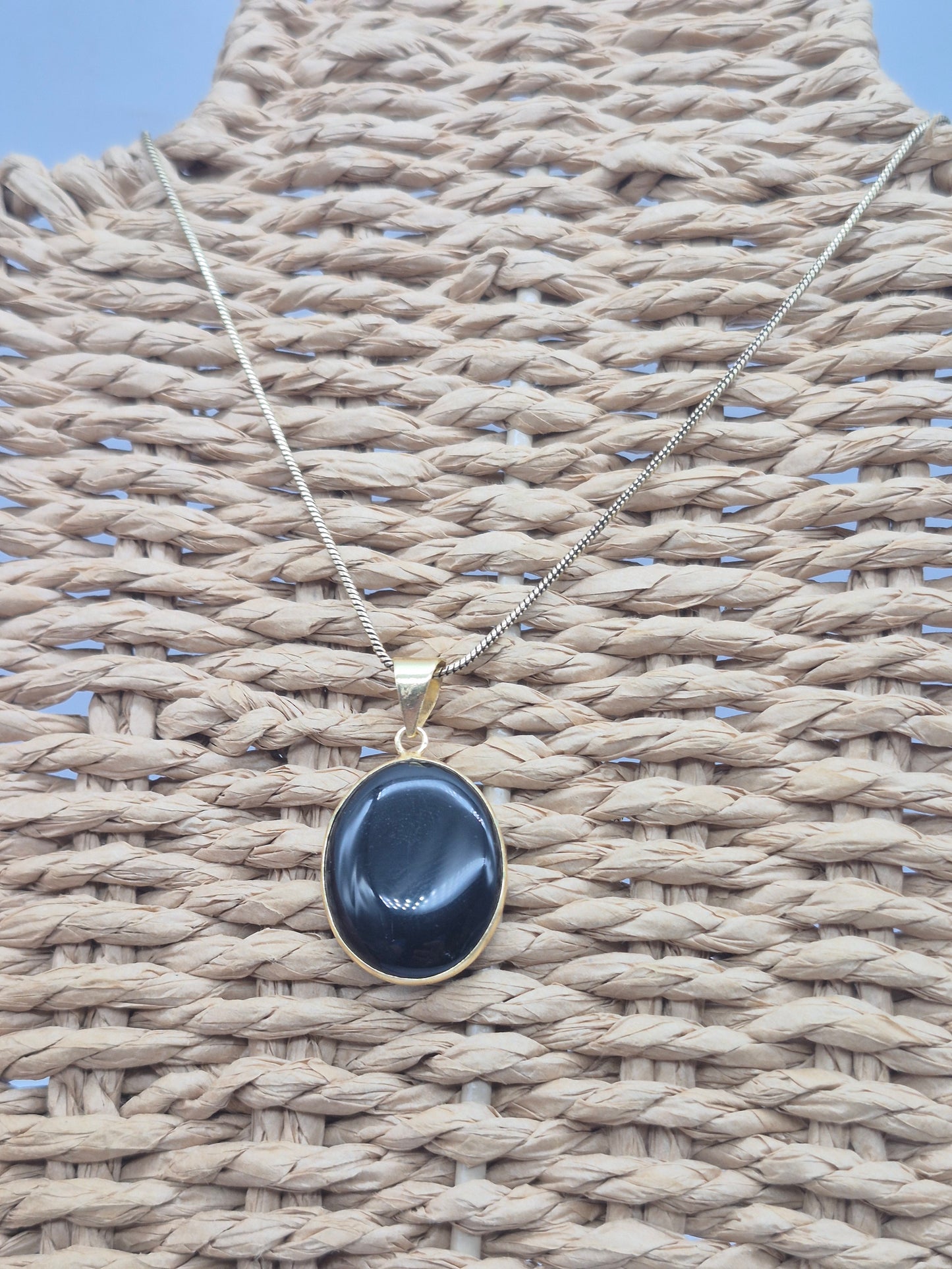 Black Obsidian Brass Pendant Cabochon Cut Oval Shaped Healing Crystal