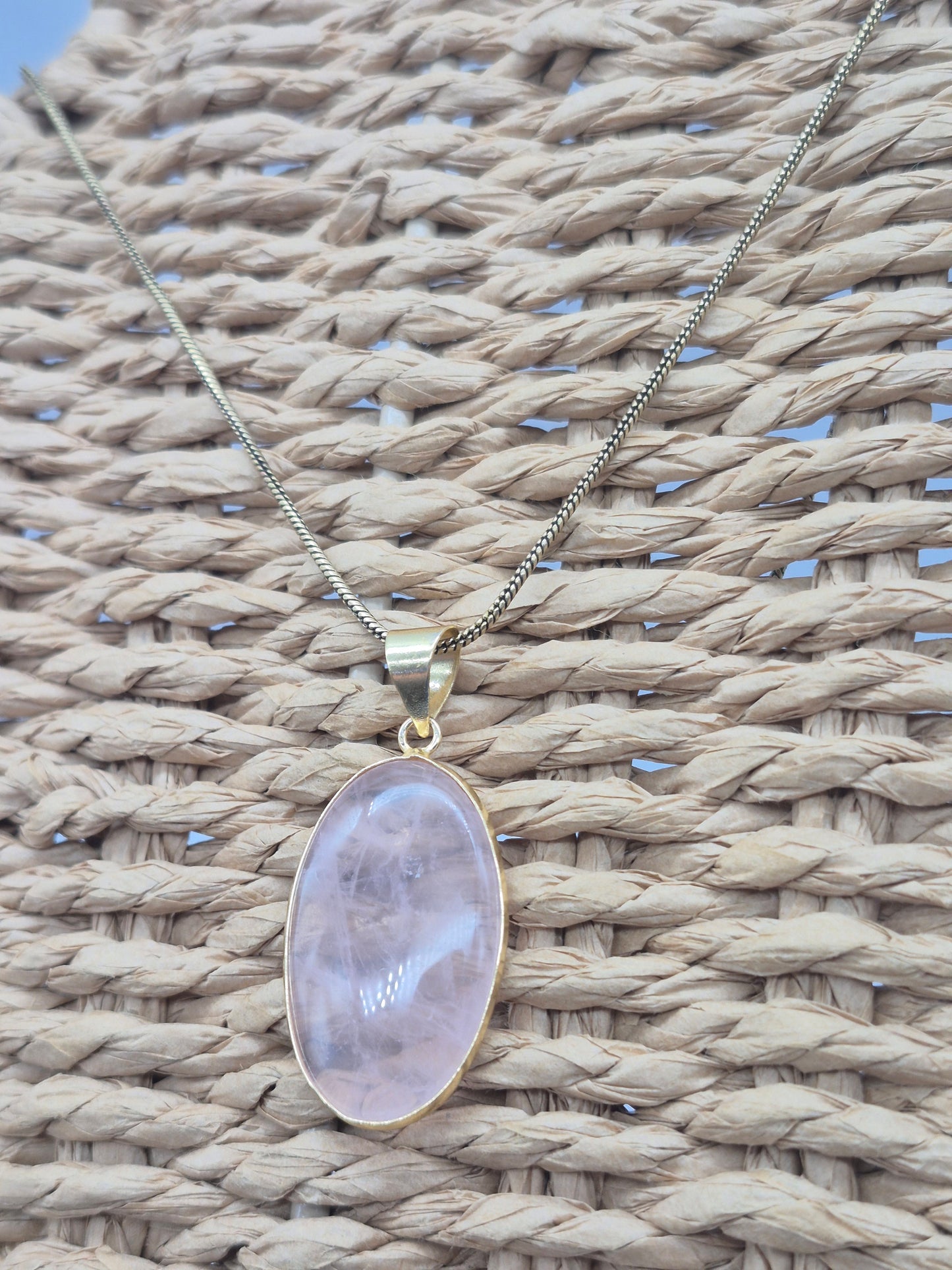 Rose Quartz Cabochon Cut Brass Necklace