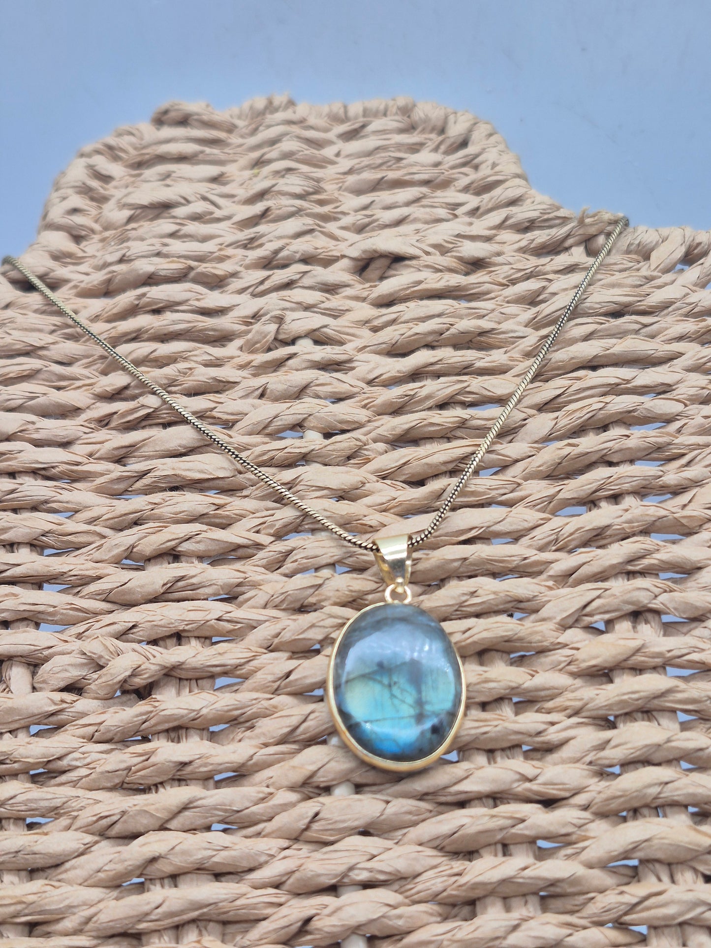 Labradorite Cabochon Brass Necklace - Brass Chain Oval Shaped
