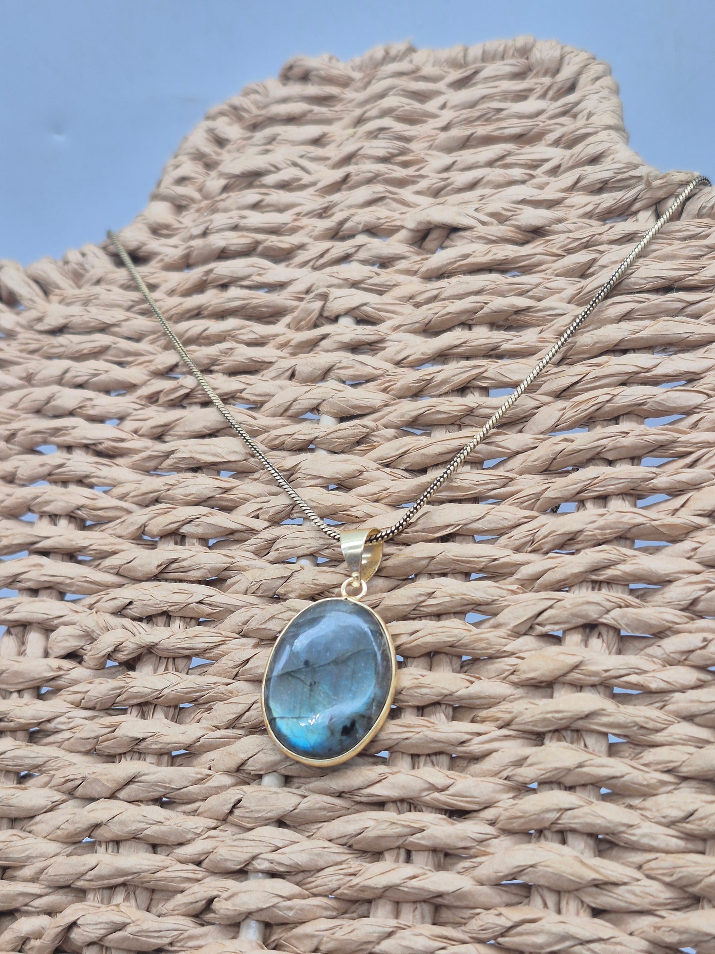 Labradorite Cabochon Brass Necklace - Brass Chain Oval Shaped