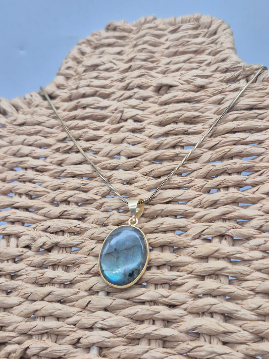 Labradorite Cabochon Brass Necklace - Brass Chain Oval Shaped
