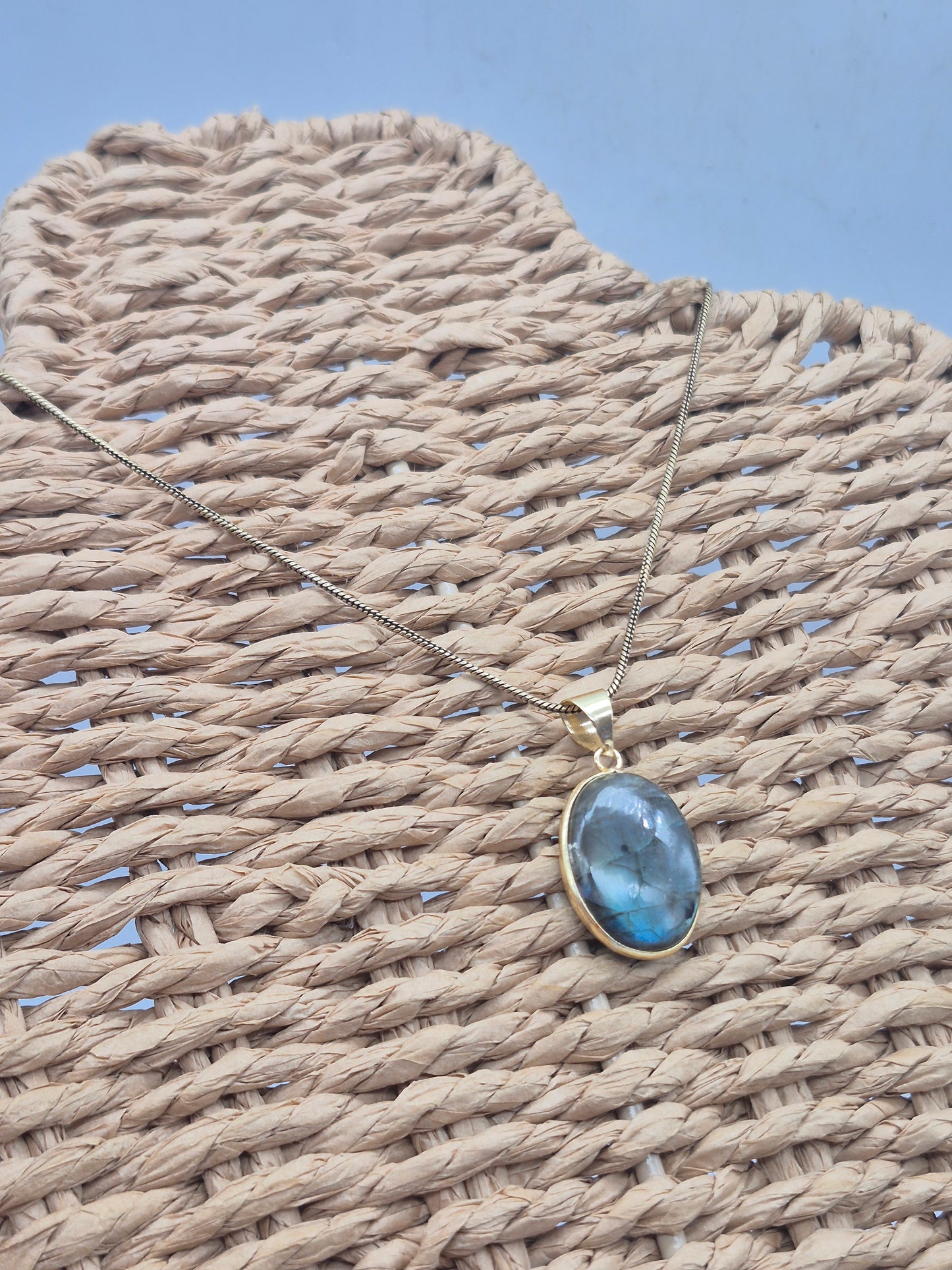 Labradorite Cabochon Brass Necklace - Brass Chain Oval Shaped
