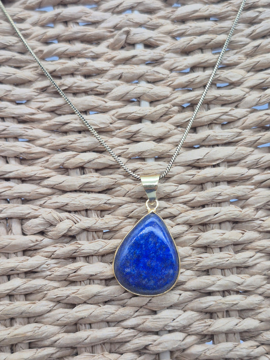 Lapis Lazuli Brass Pendant Cabochon Cut Healing Tear Shaped Crystal