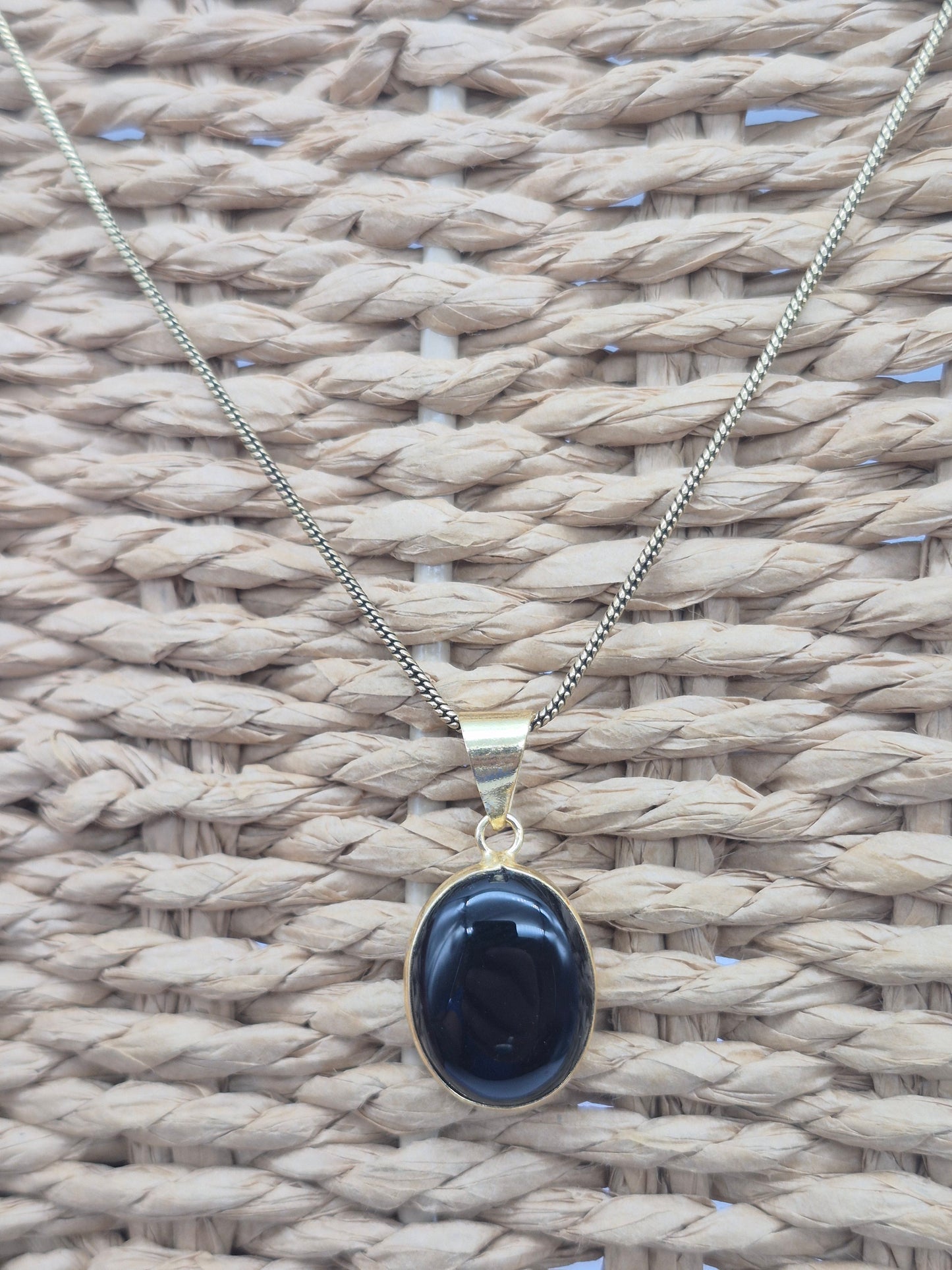 Black Obsidian Brass Pendant Cabochon Cut Oval Shaped Healing Crystal
