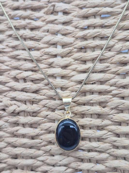 Black Obsidian Brass Pendant Cabochon Cut Oval Shaped Healing Crystal