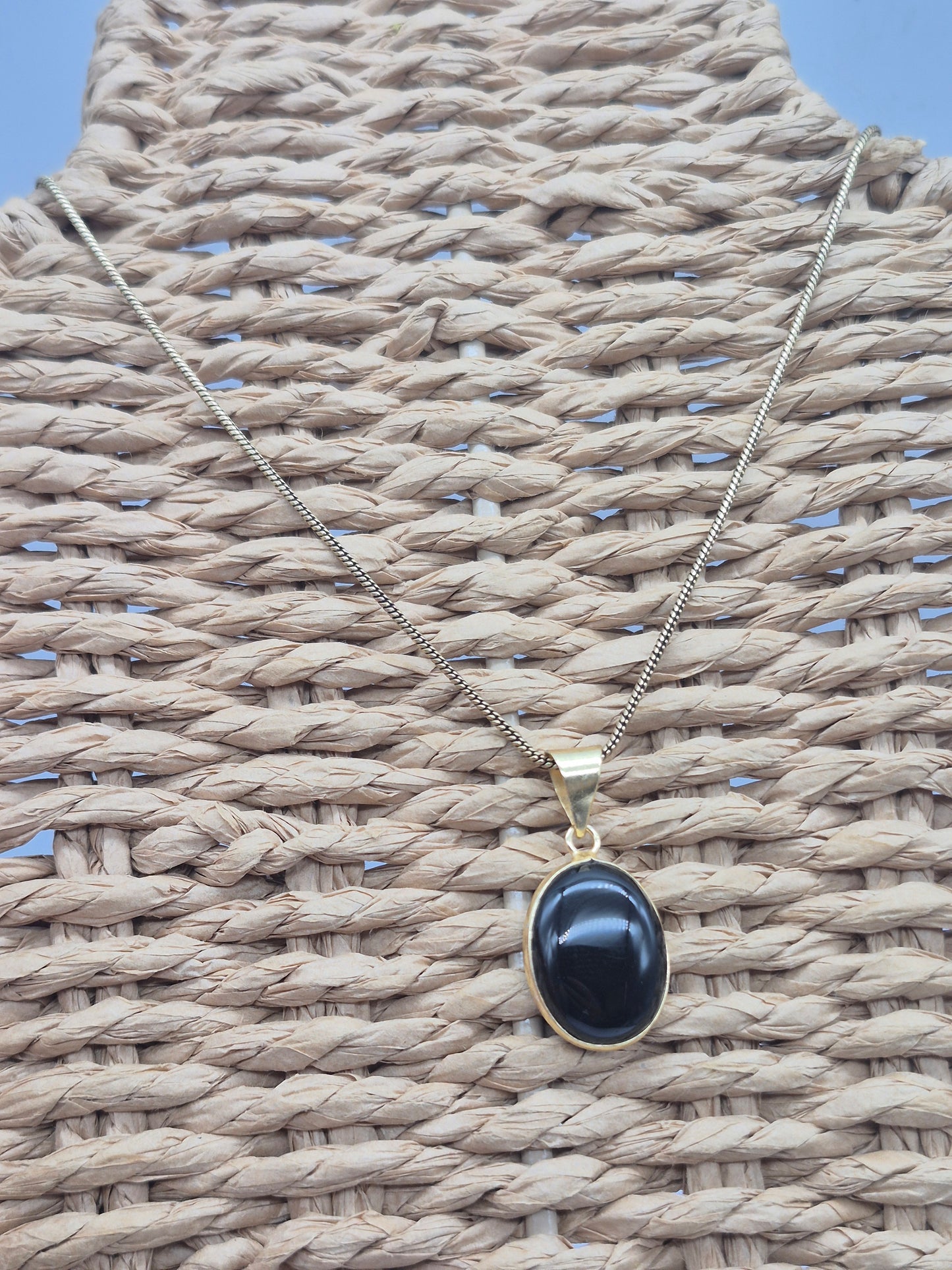Black Obsidian Brass Pendant Cabochon Cut Oval Shaped Healing Crystal