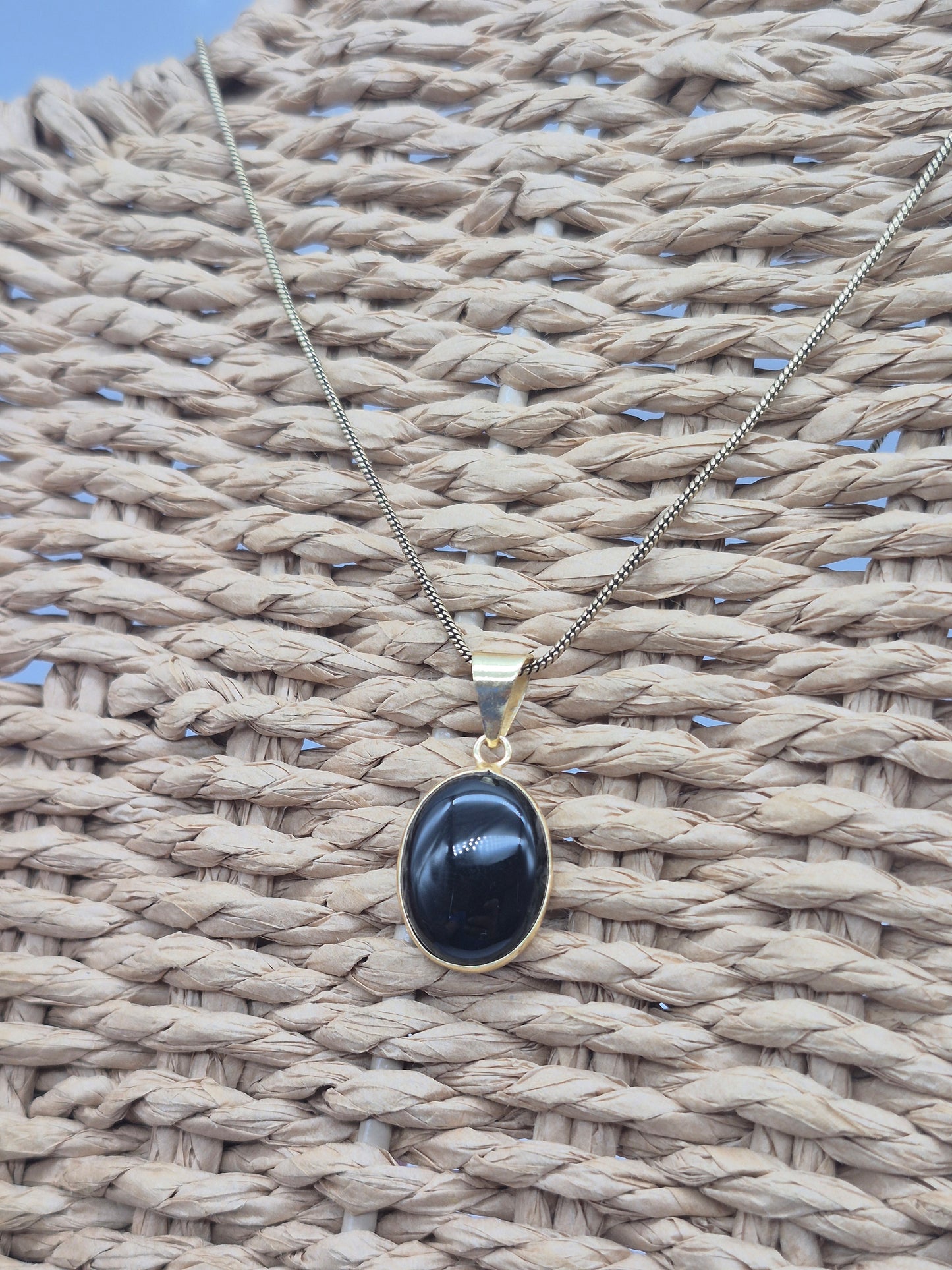 Black Obsidian Brass Pendant Cabochon Cut Oval Shaped Healing Crystal
