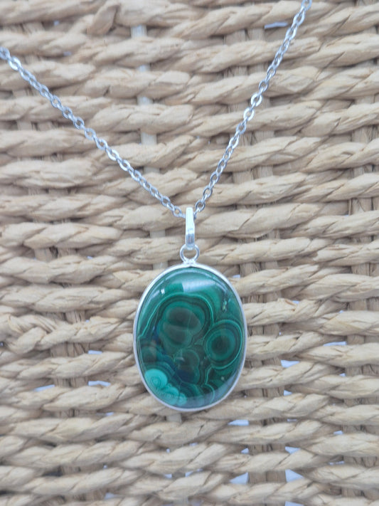Malachite Crystal Oval Shaped Silver 925 Necklace