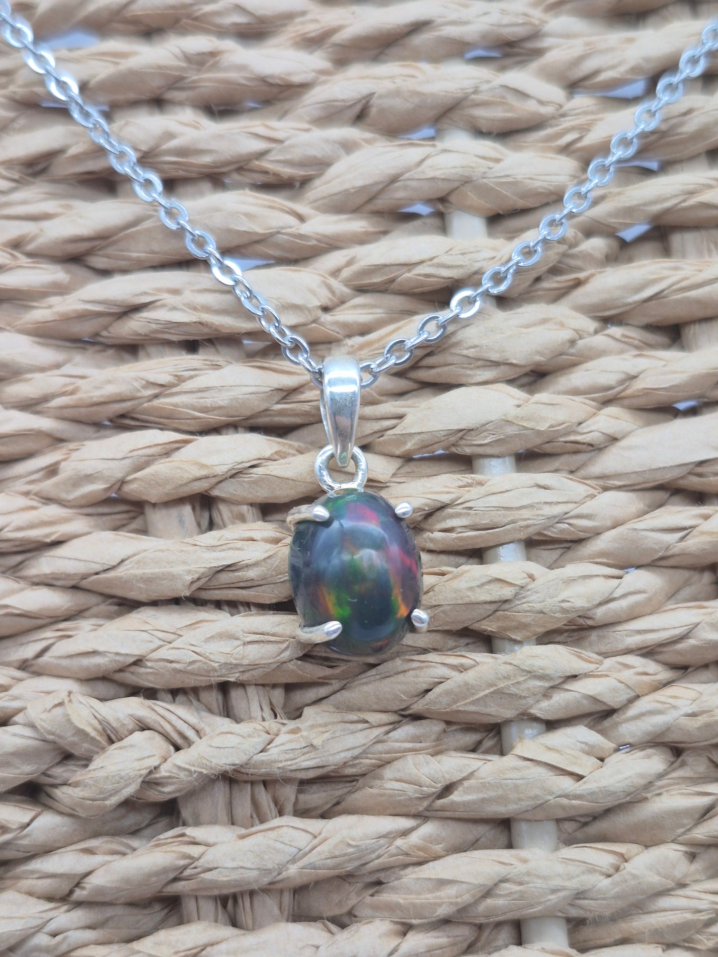 Black Fire Opal Australian Sterling Silver Necklace (RARE)
