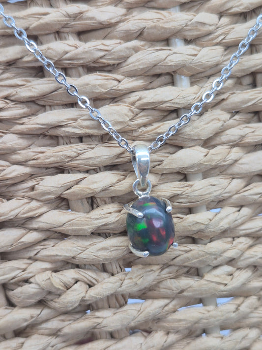 Black Fire Opal Australian Sterling Silver Necklace (RARE)