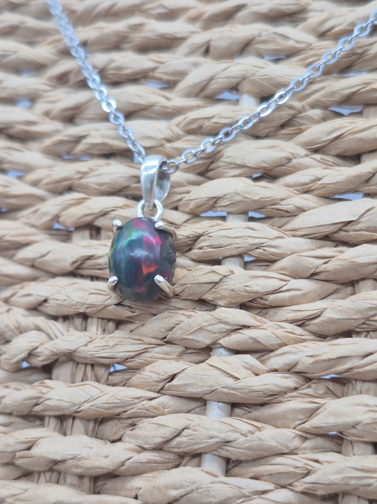 Black Fire Opal Australian Sterling Silver Necklace (RARE)