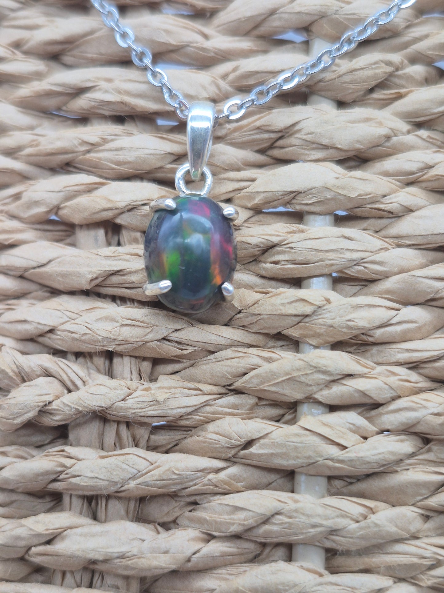 Black Fire Opal Australian Sterling Silver Necklace (RARE)