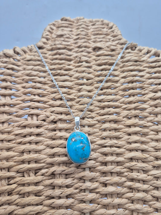 Authentic Natural Turquoise Silver Necklace with Steel Chain