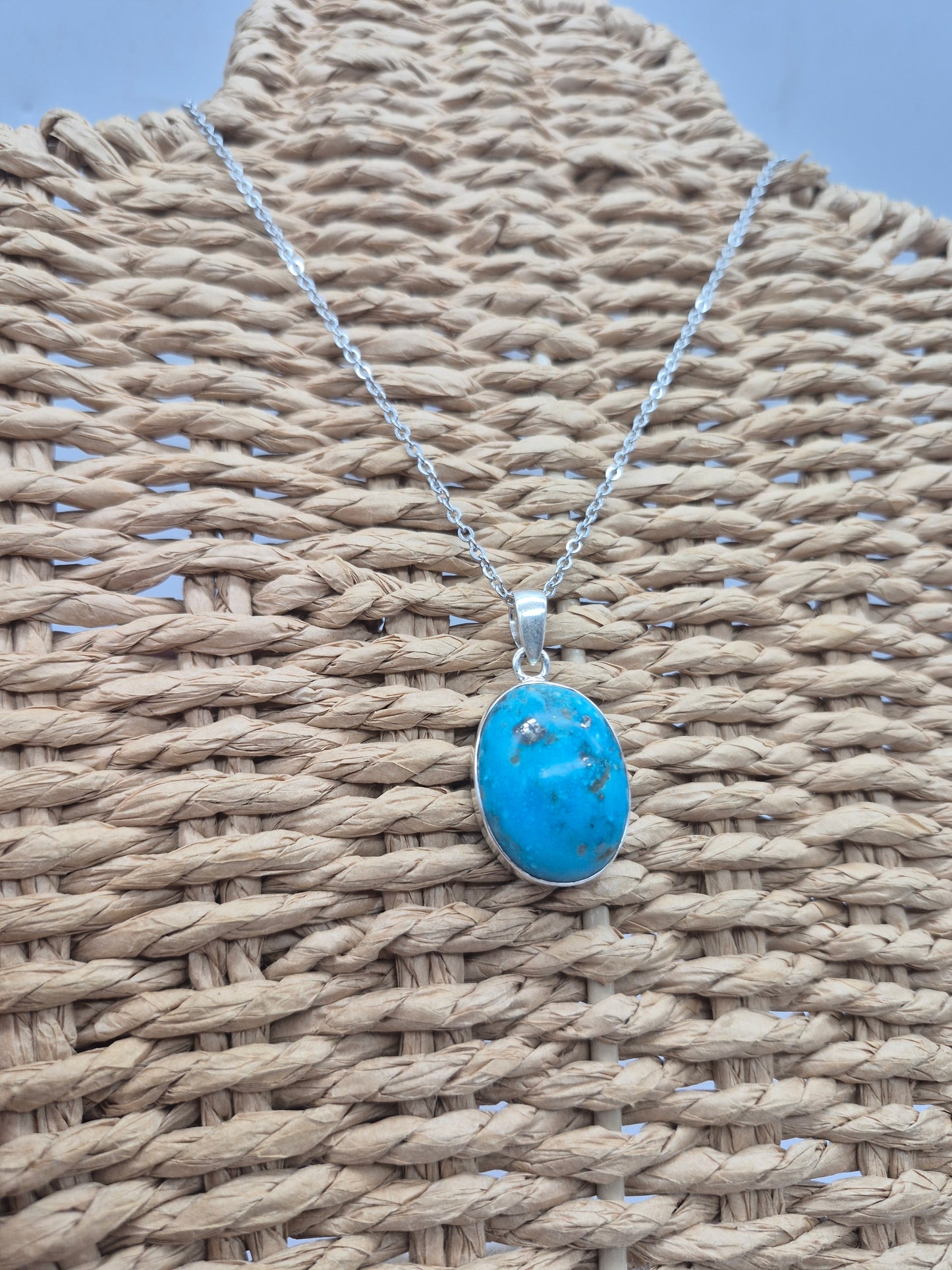 Authentic Natural Turquoise Silver Necklace with Steel Chain