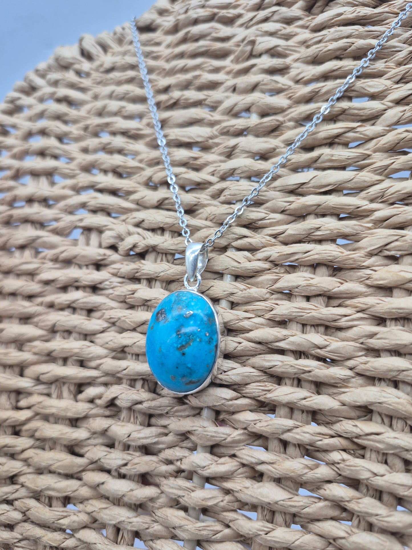 Authentic Natural Turquoise Silver Necklace with Steel Chain