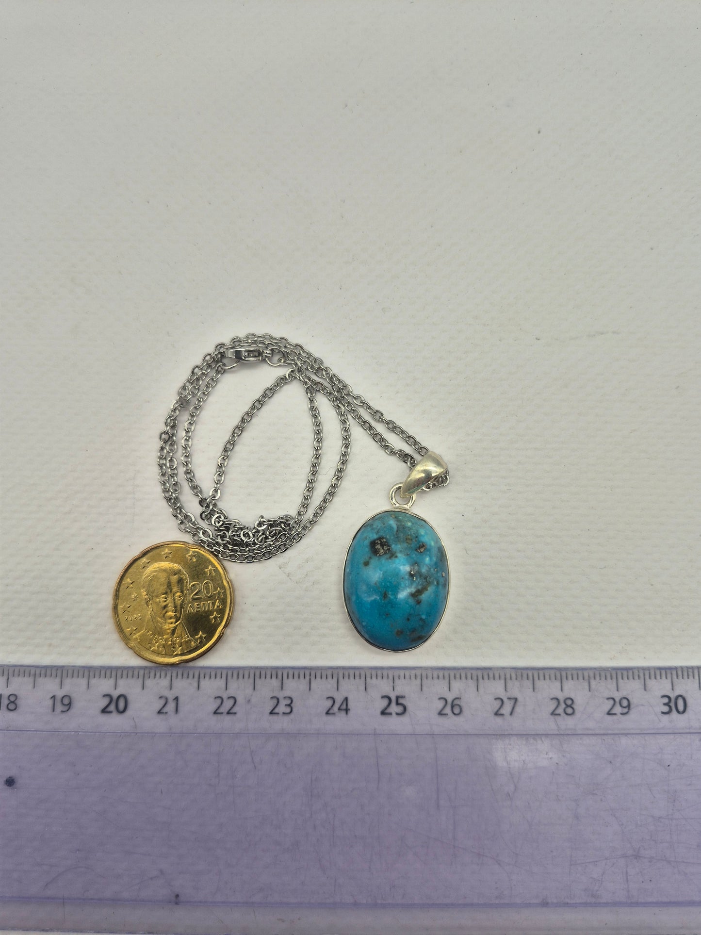 Authentic Natural Turquoise Silver Necklace with Steel Chain