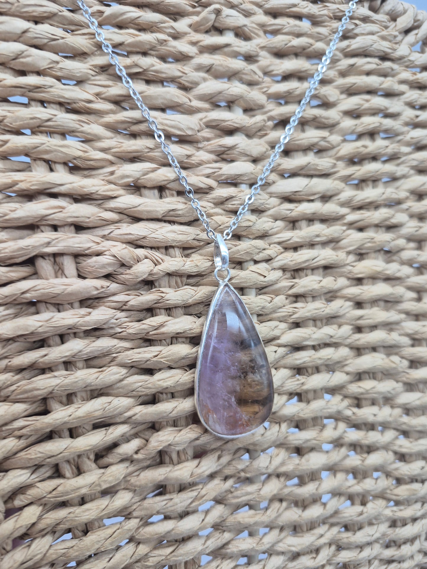 Ametrine Silver Necklace Teardrop with Steel Chain, Gemstone Necklace for Him and Her