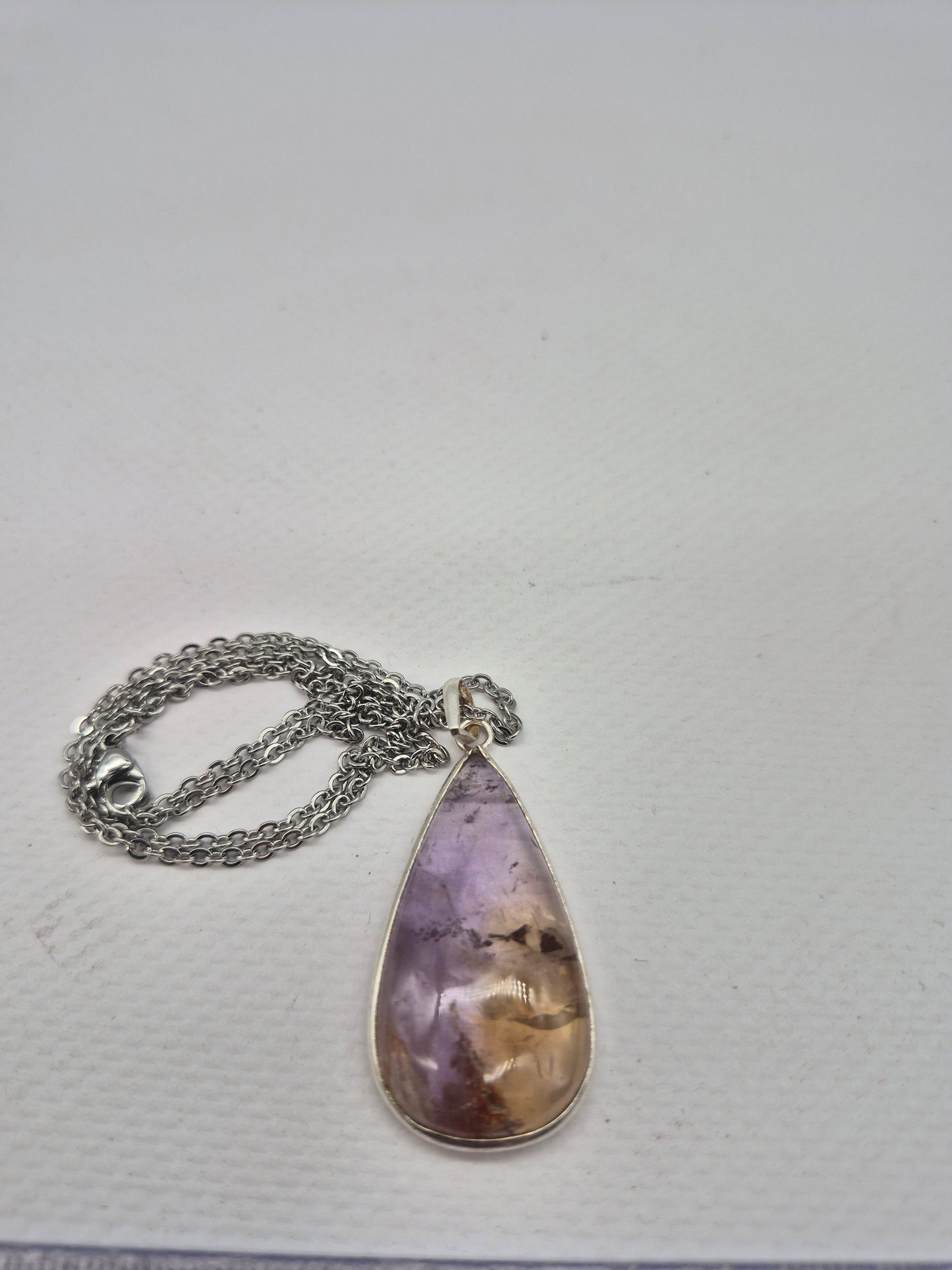 Ametrine Silver Necklace Teardrop with Steel Chain, Gemstone Necklace for Him and Her