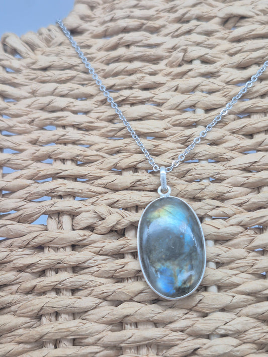 Labradorite Rainbow Silver 925 Necklace with Steel Chain