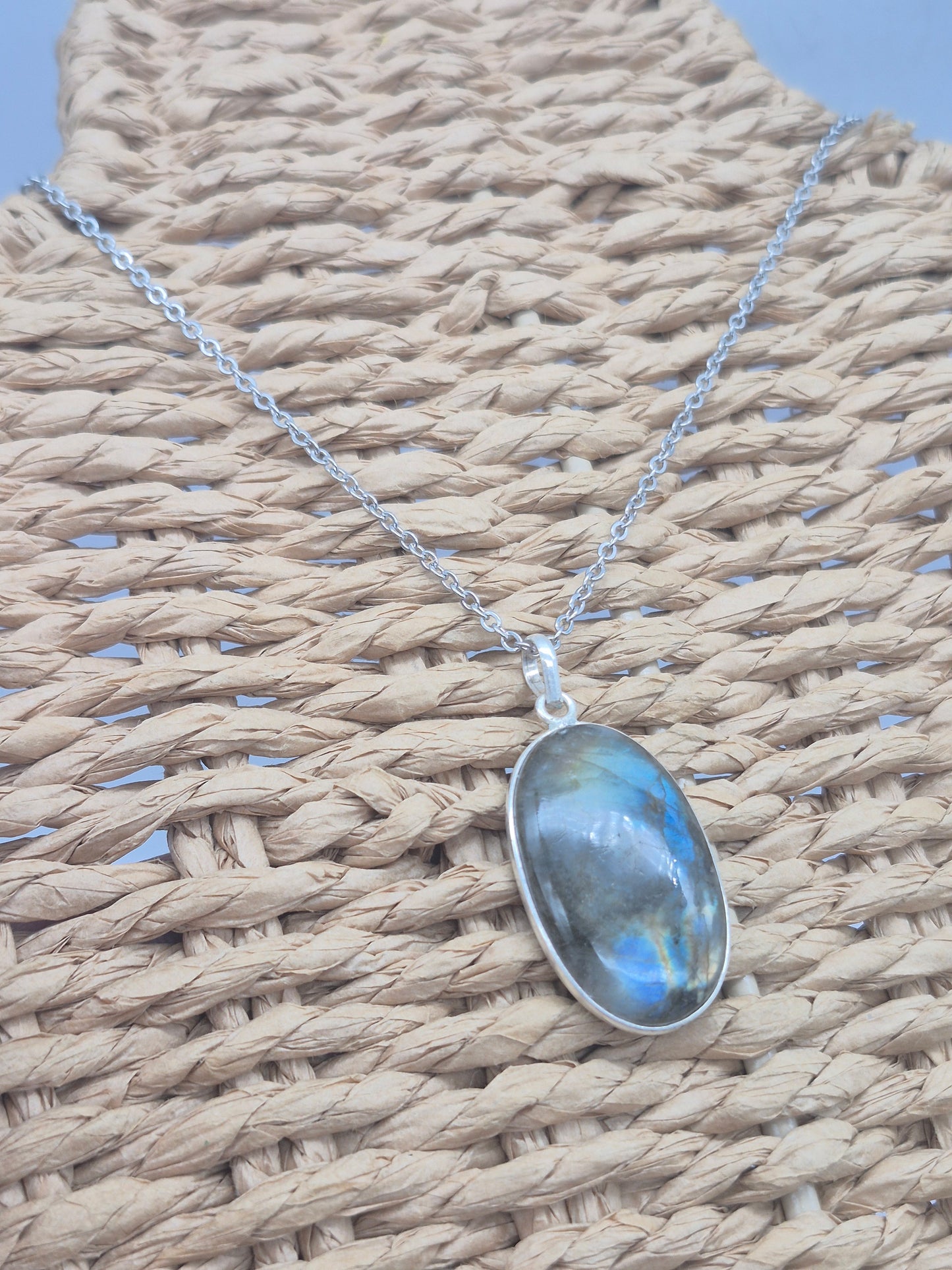 Labradorite Rainbow Silver 925 Necklace with Steel Chain