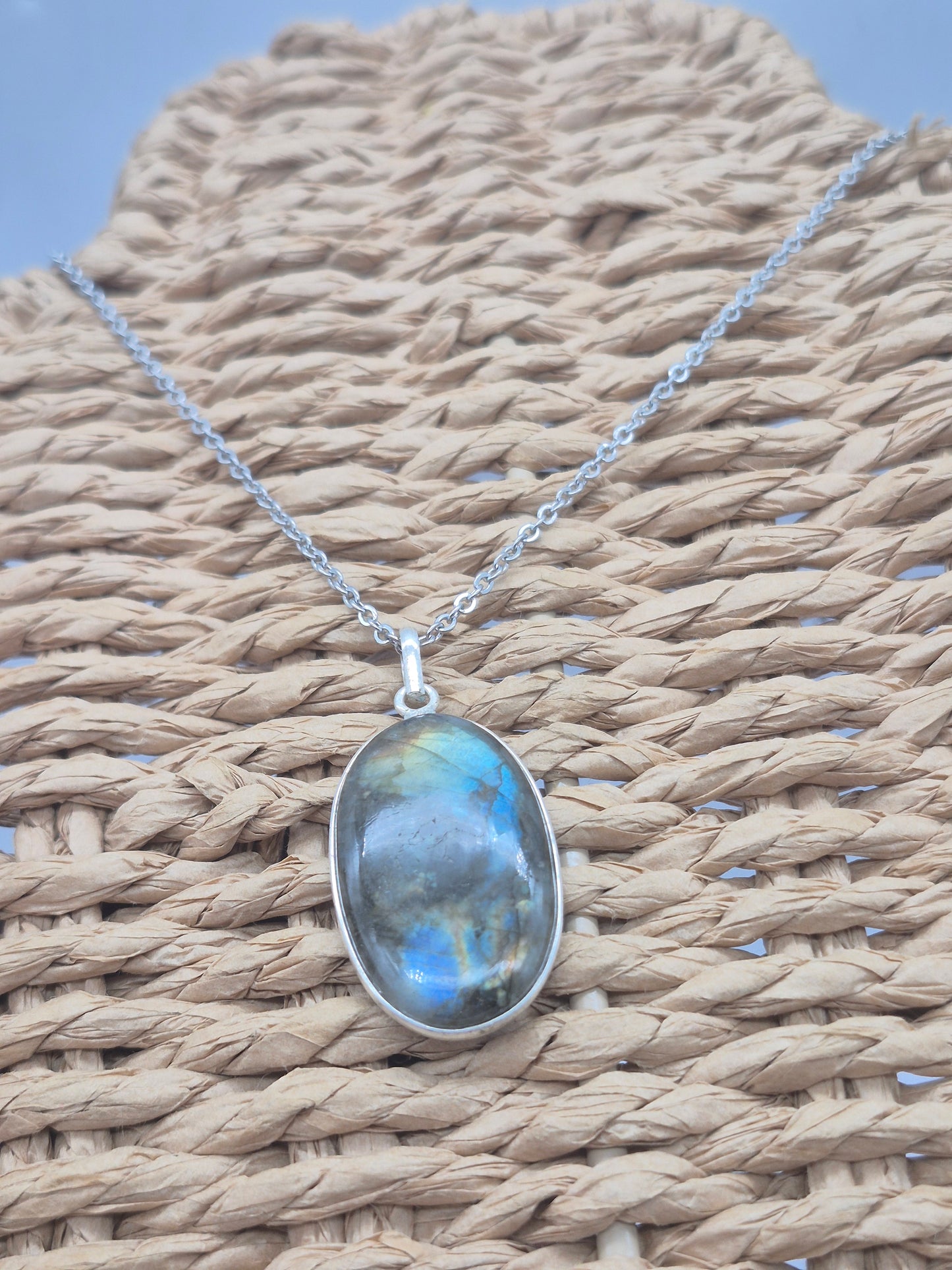 Labradorite Rainbow Silver 925 Necklace with Steel Chain