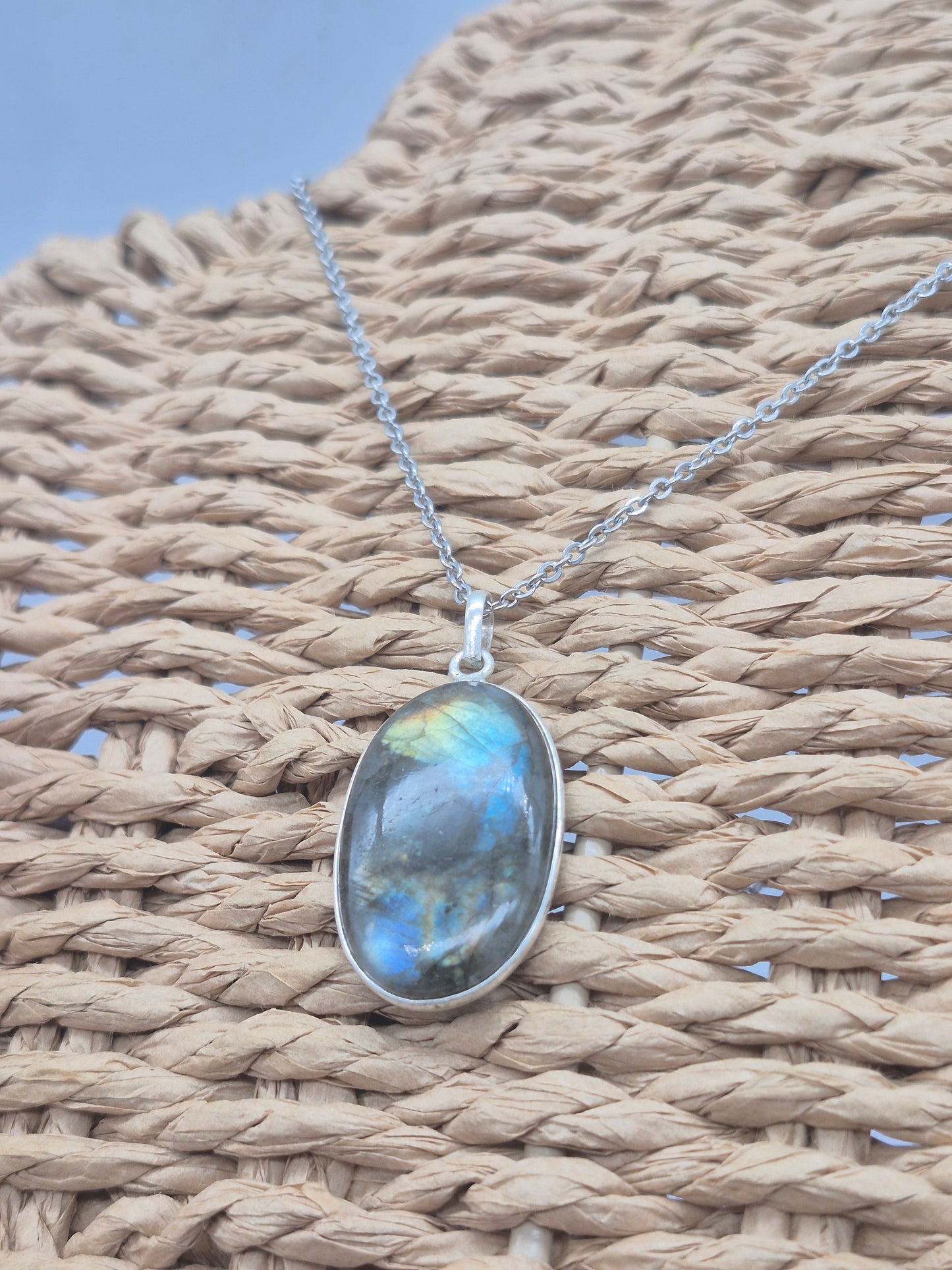 Labradorite Rainbow Silver 925 Necklace with Steel Chain