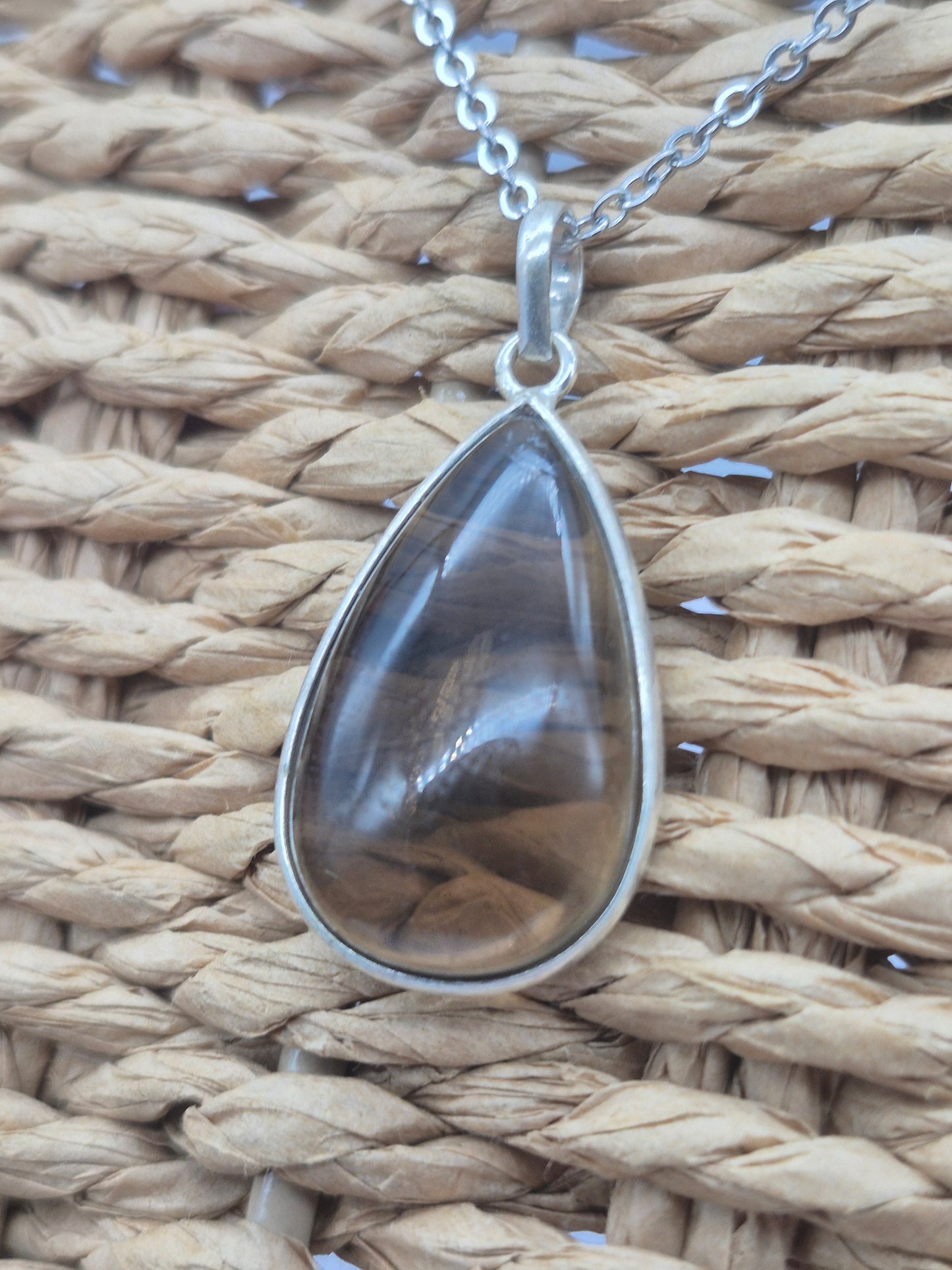 Smoked Quartz  Silver 925 Teardrop Pendant Oval Cabochon Crystal