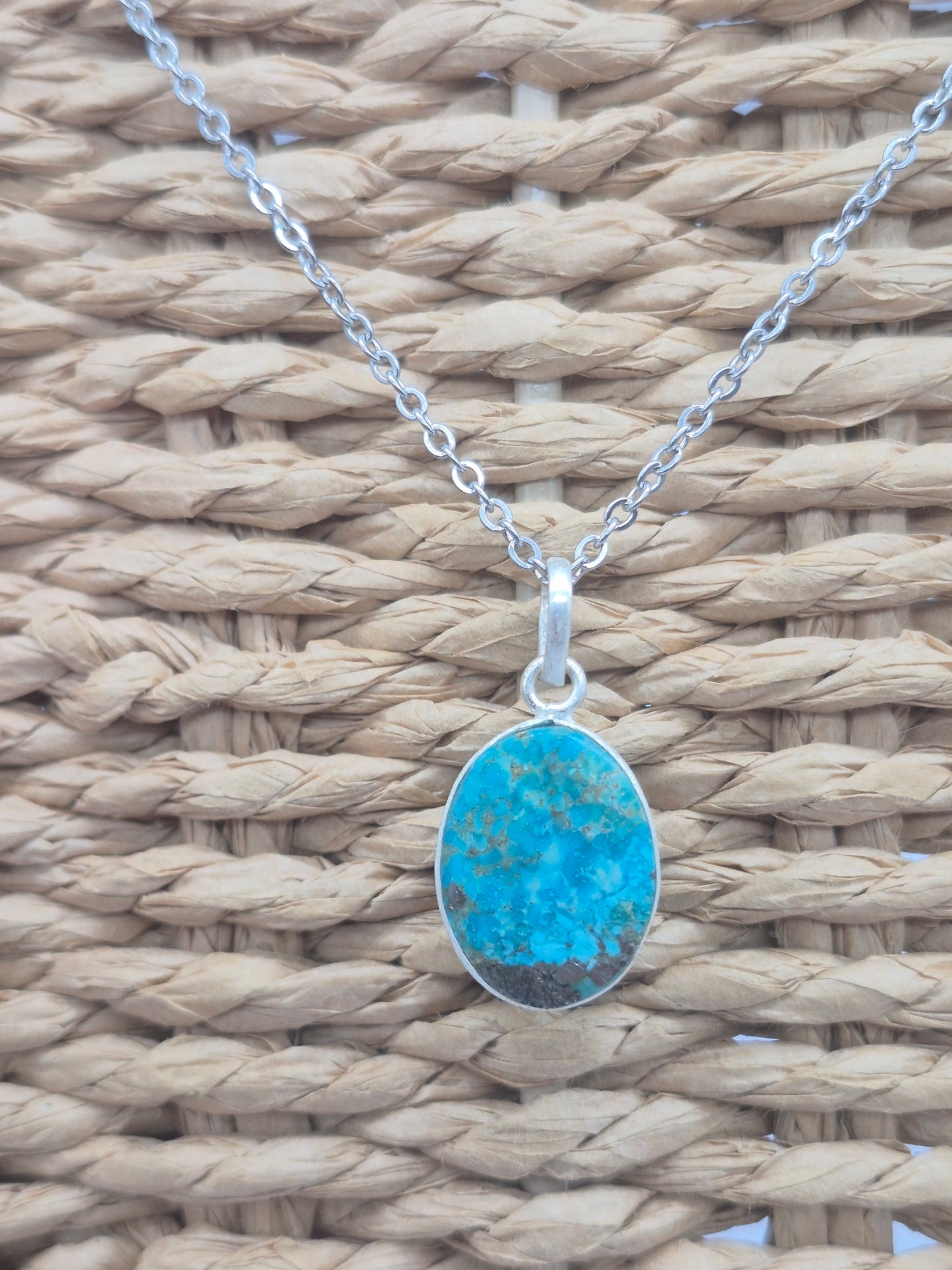 Authentic Natural Turquoise Silver Necklace with Steel Chain
