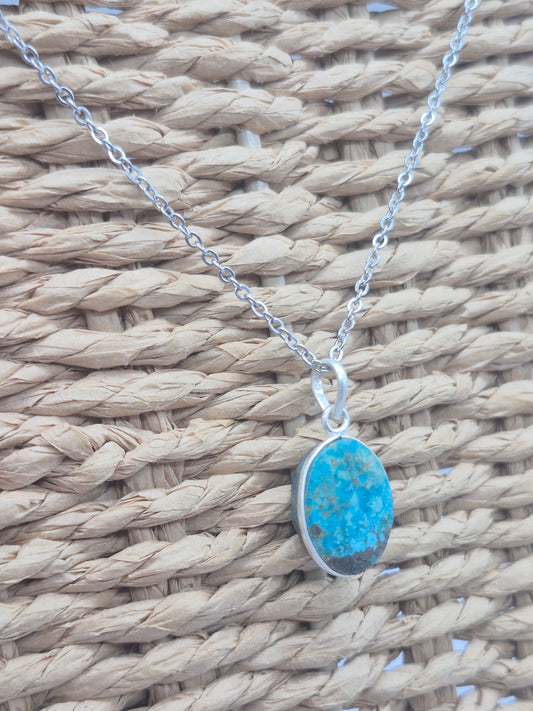 Authentic Natural Turquoise Silver Necklace with Steel Chain
