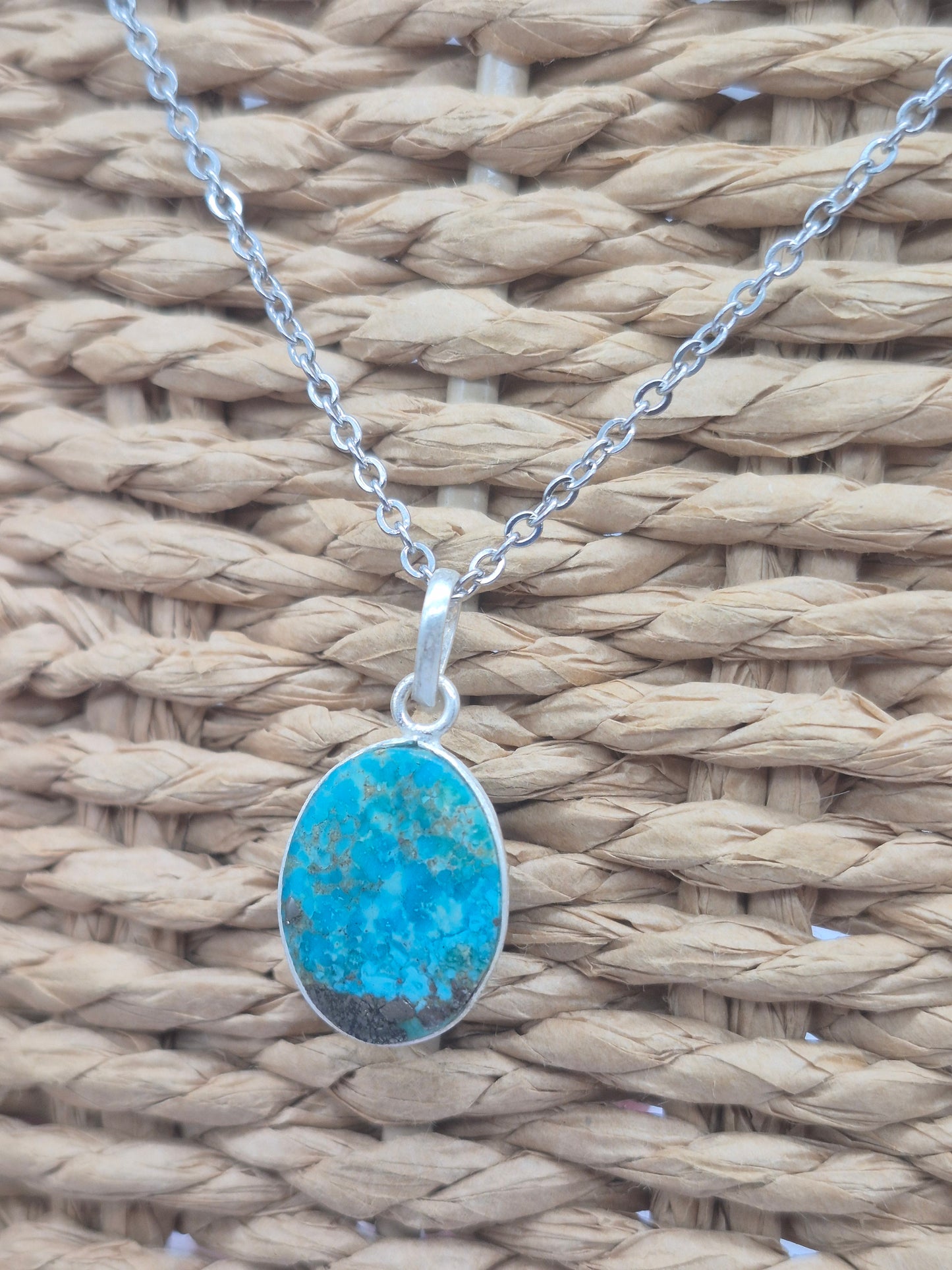Authentic Natural Turquoise Silver Necklace with Steel Chain